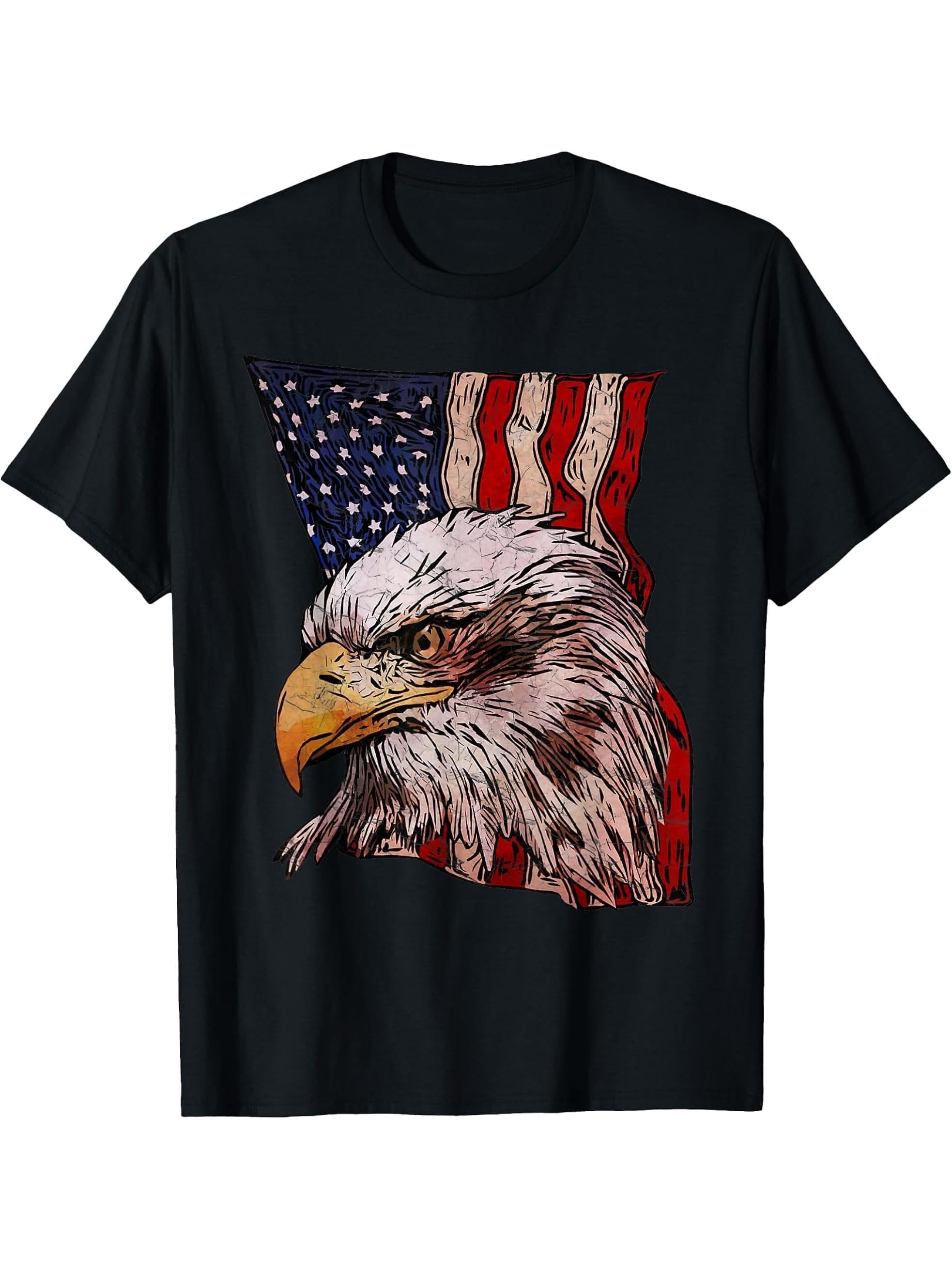 American National Symbol Bald Eagle Bird Patriotic Flag T-Shirt 180G 100% Cotton Printed Round Neck Short-Sleeve T-Shirt, Gifts for Men Dad Husband Grandpa, S-XXXL, Black