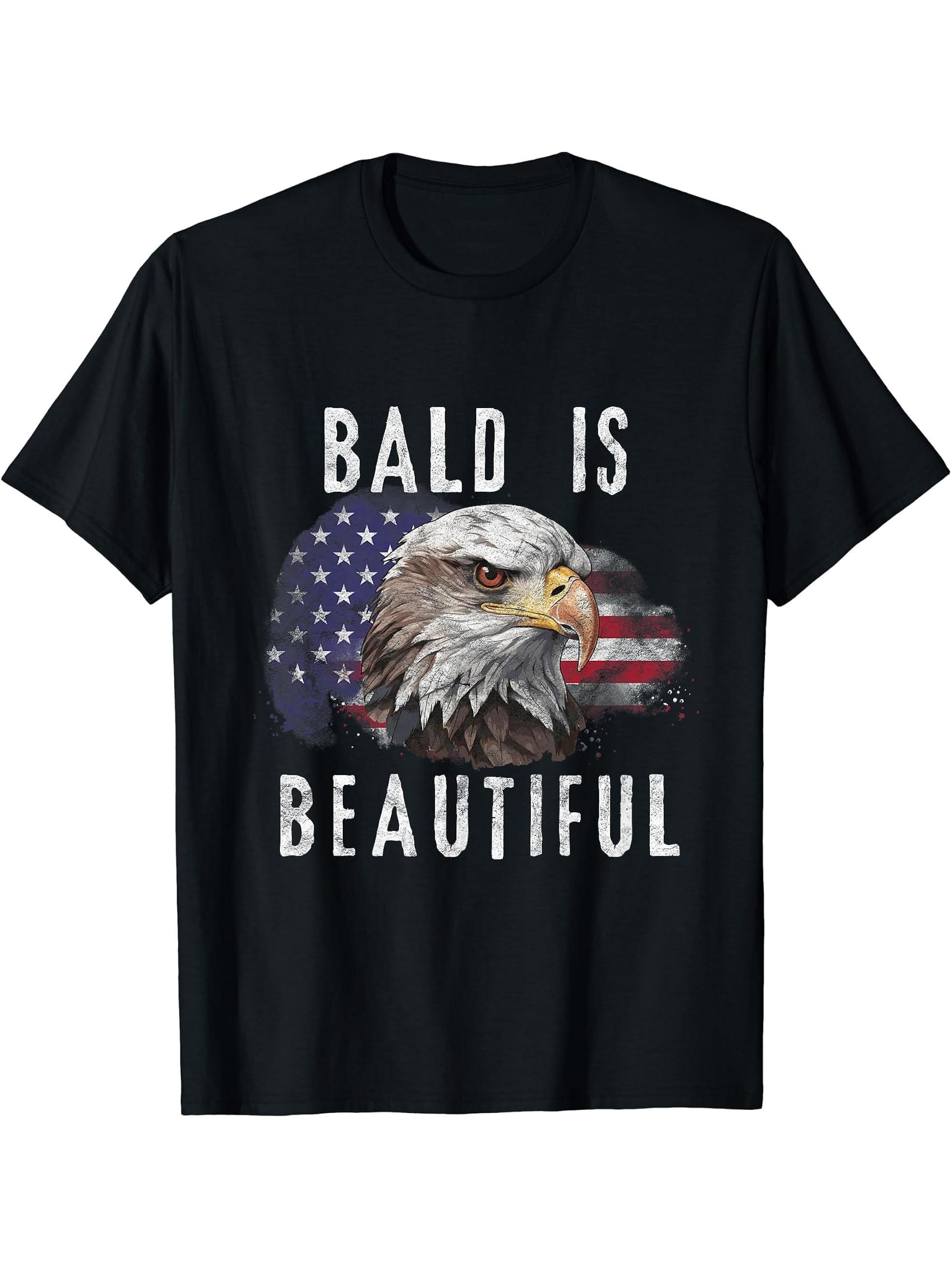 Bald is Beautiful 4th of July Patriot American Bald Eagle T-Shirt 180G 100% Cotton Printed Round Neck Short-Sleeve T-Shirt, Gifts for Men Dad Husband Grandpa, S-XXXL, Black