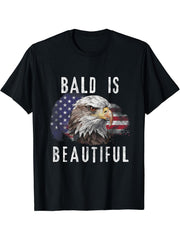 Bald is Beautiful 4th of July Patriot American Bald Eagle T-Shirt 180G 100% Cotton Printed Round Neck Short-Sleeve T-Shirt, Gifts for Men Dad Husband Grandpa, S-XXXL, Black