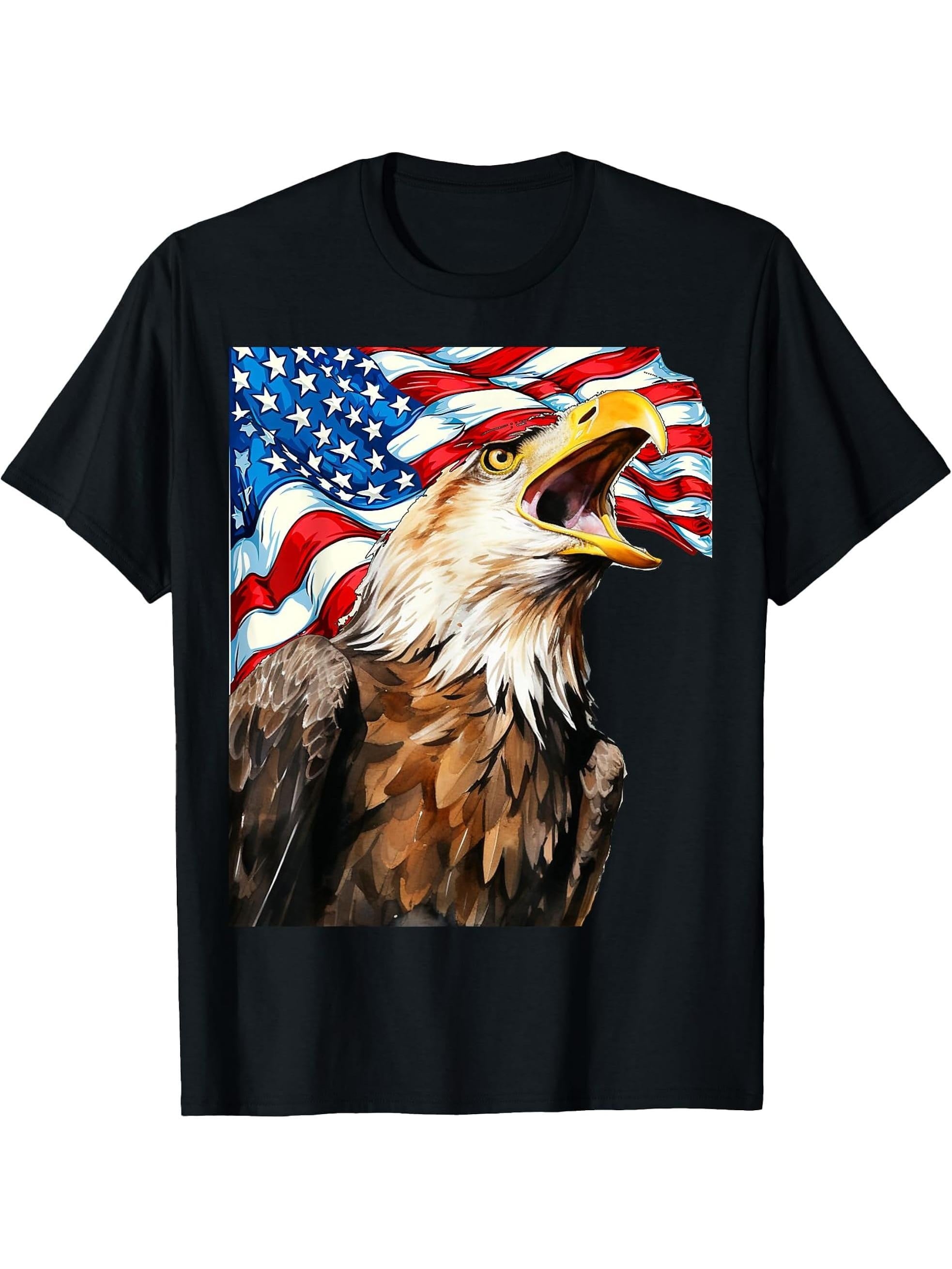 American Bald Eagle with American Flag background T-Shirt 180G 100% Cotton Printed Round Neck Short-Sleeve T-Shirt, Gifts for Men Dad Husband Grandpa, S-XXXL, Black