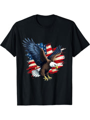 Bald Eagle & Patriotic American Flag 4th Of July T-Shirt 180G 100% Cotton Printed Round Neck Short-Sleeve T-Shirt, Gifts for Men Dad Husband Grandpa, S-XXXL, Black