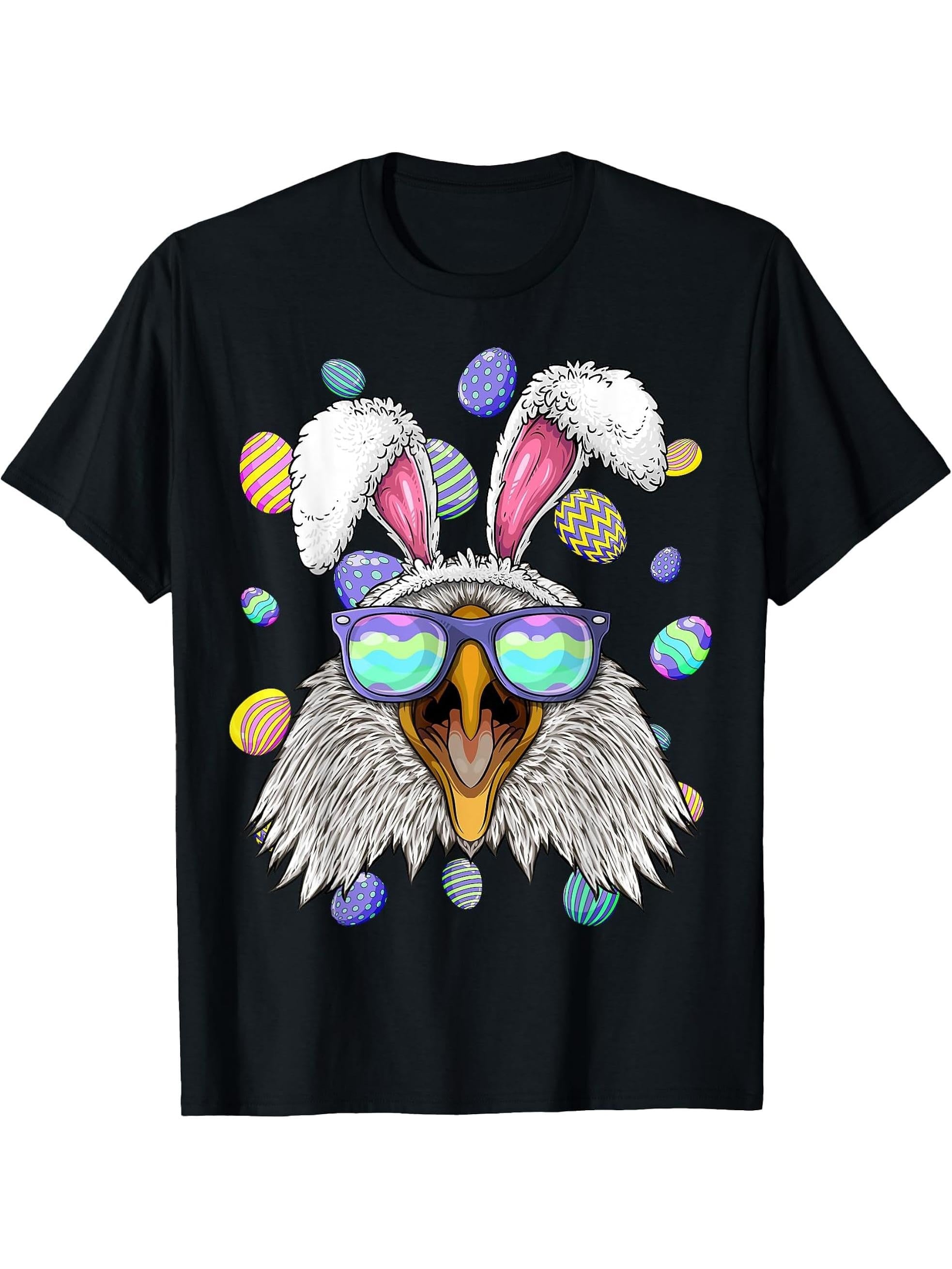 Bald Eagle Easter Bunny Ears Funny Easter Eggs Hunting T-Shirt 180G 100% Cotton Printed Round Neck Short-Sleeve T-Shirt, Gifts for Men Dad Husband Grandpa, S-XXXL, Black