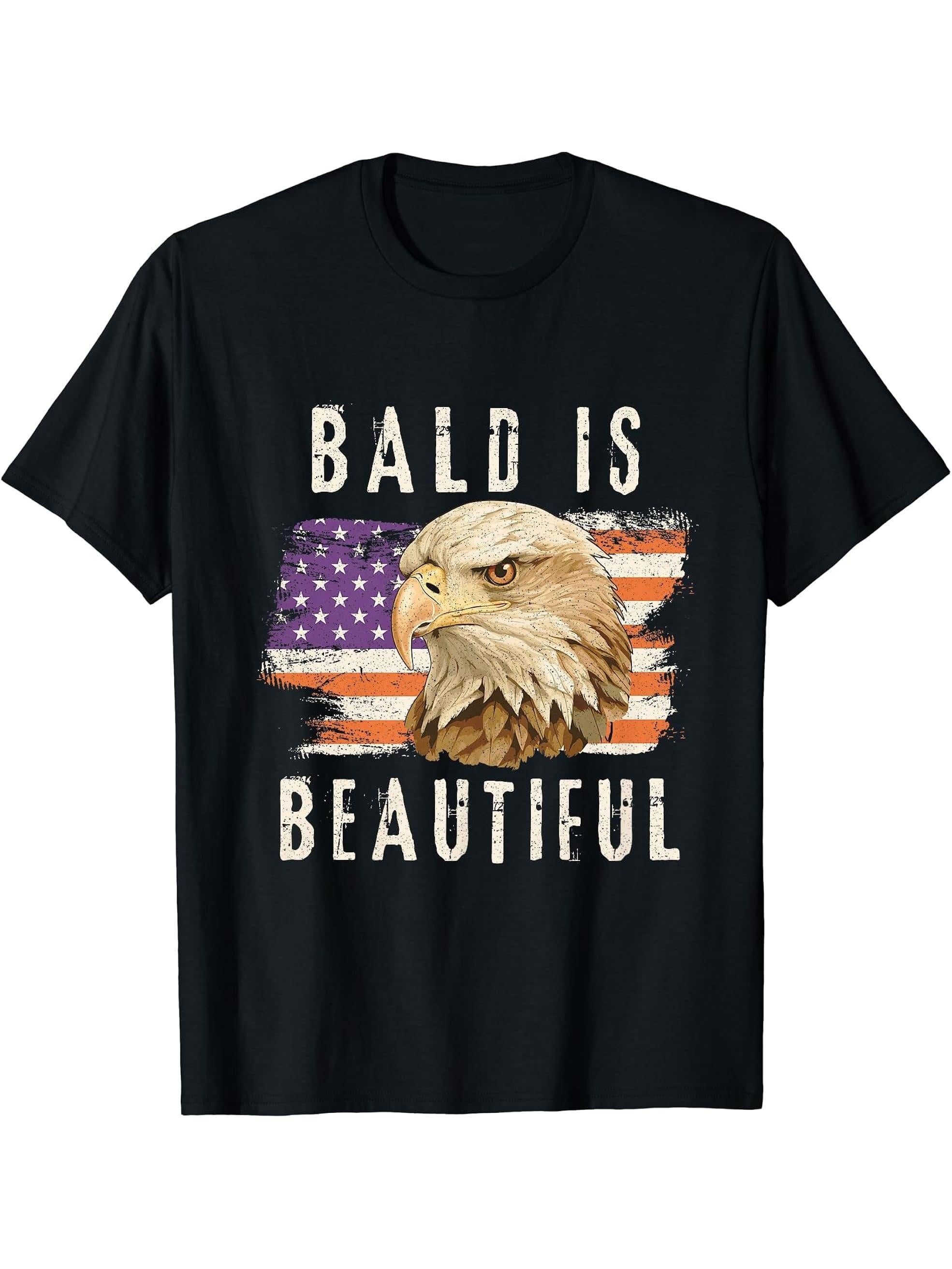 Bald is Beautiful 4th of July American Bald Eagle Vintage T-Shirt 180G 100% Cotton Printed Round Neck Short-Sleeve T-Shirt, Gifts for Men Dad Husband Grandpa, S-XXXL, Black