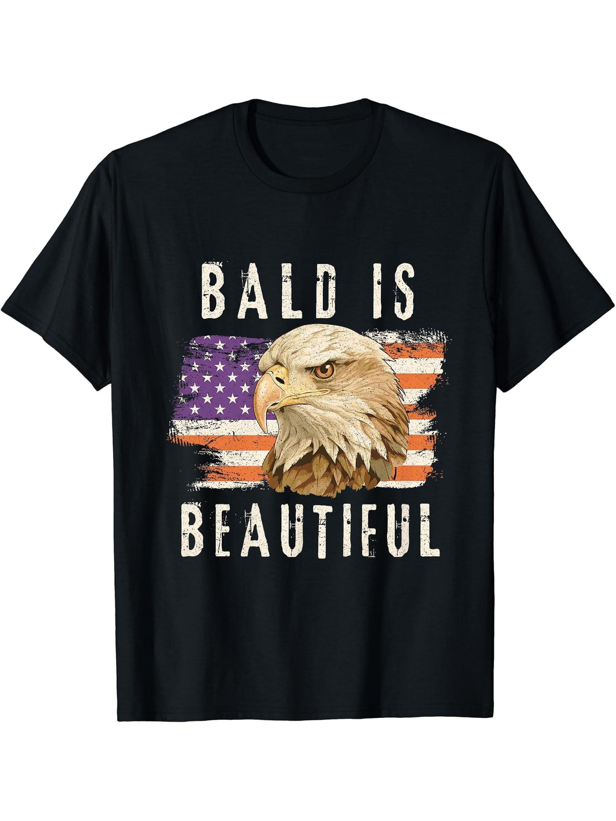 Bald is Beautiful 4th of July American Bald Eagle Vintage T-Shirt 180G 100% Cotton Printed Round Neck Short-Sleeve T-Shirt, Gifts for Men Dad Husband Grandpa, S-XXXL, Black