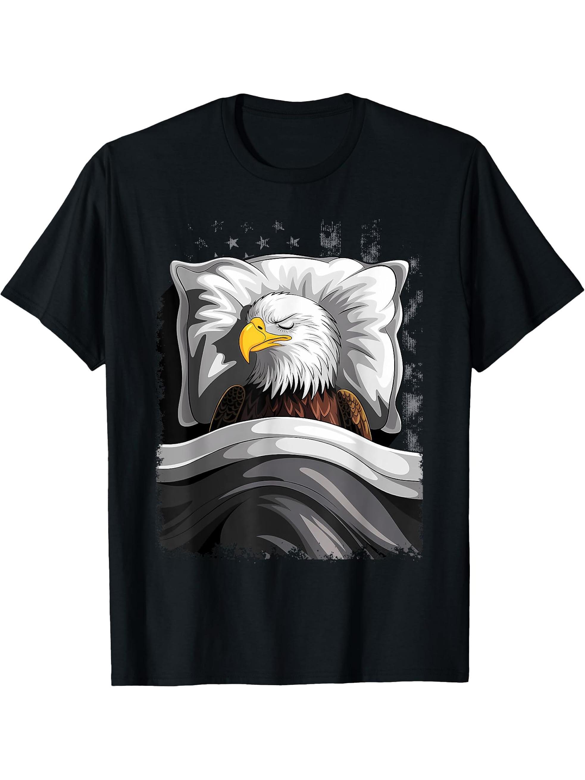 Eagle Sleeping Animal Pajamas Nap PJs Outfit Bald Eagle T-Shirt 180G 100% Cotton Printed Round Neck Short-Sleeve T-Shirt, Gifts for Men Dad Husband Grandpa, S-XXXL, Black