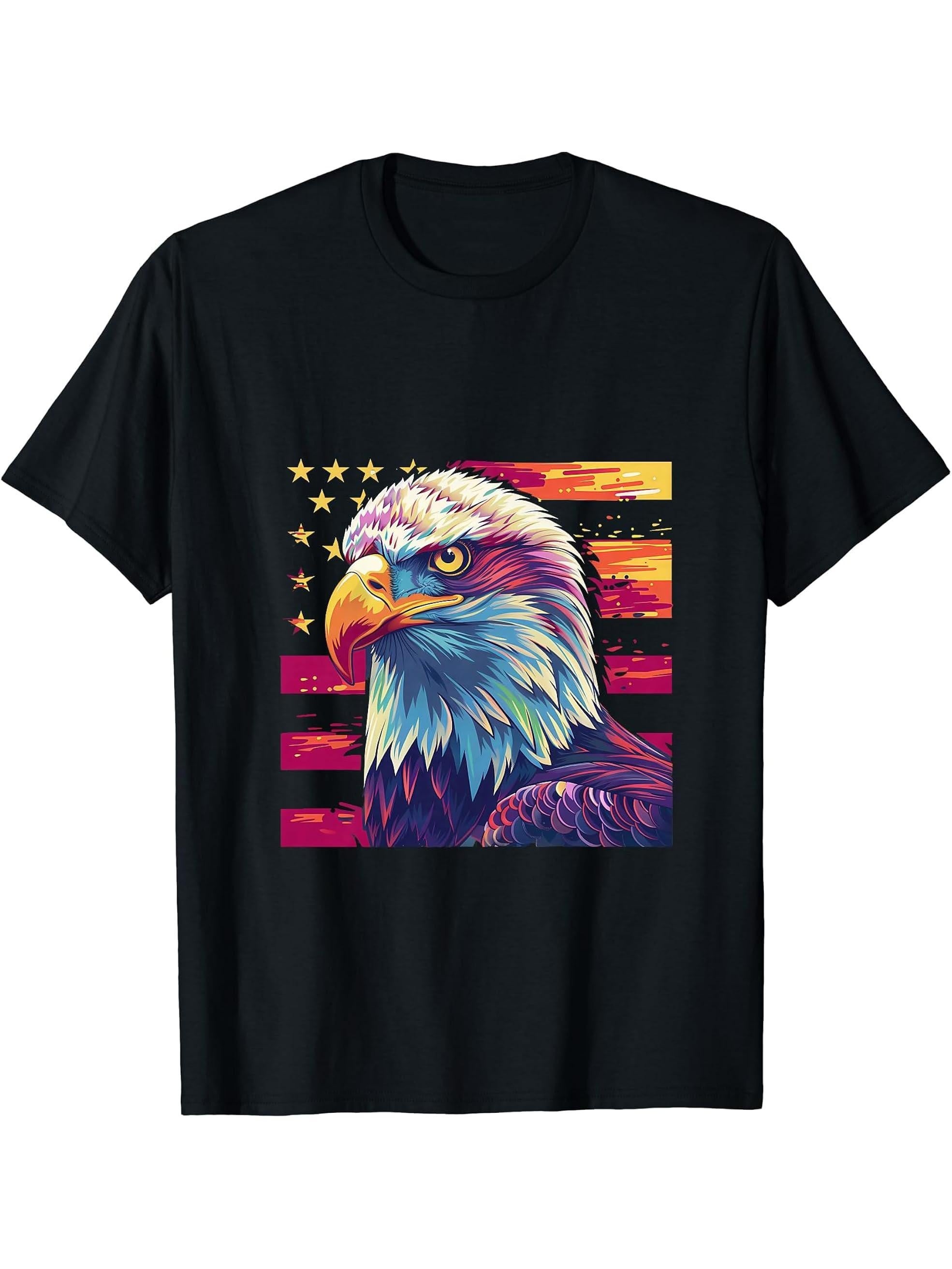 Fourth Of July Bald Eagle 4th Of July America Patriotic USA T-Shirt 180G 100% Cotton Printed Round Neck Short-Sleeve T-Shirt, Gifts for Men Dad Husband Grandpa, S-XXXL, Black