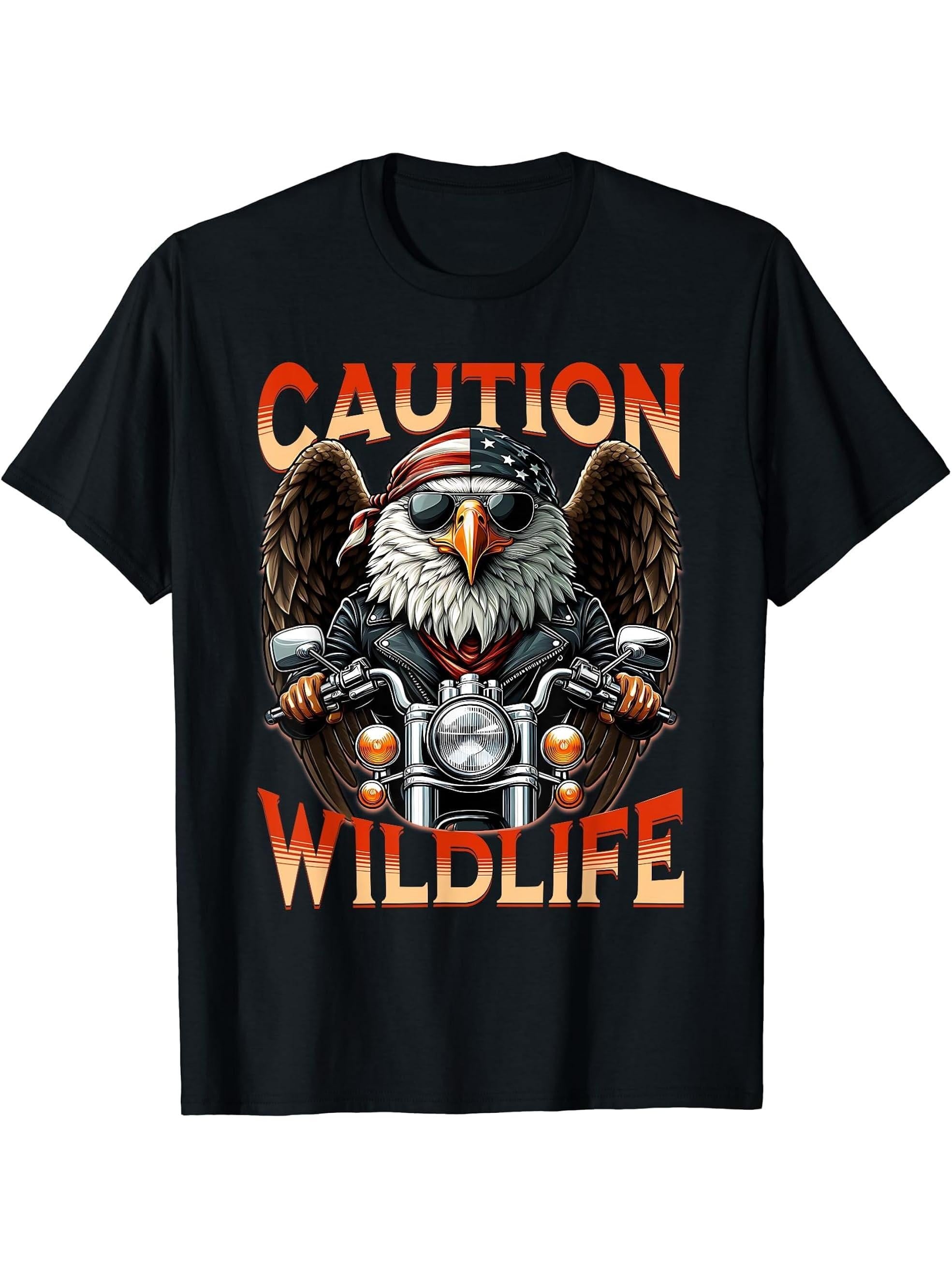 American Bald Eagle' Biker s 'Funny Caution Wildlife' T-Shirt 180G 100% Cotton Printed Round Neck Short-Sleeve T-Shirt, Gifts for Men Dad Husband Grandpa, S-XXXL, Black
