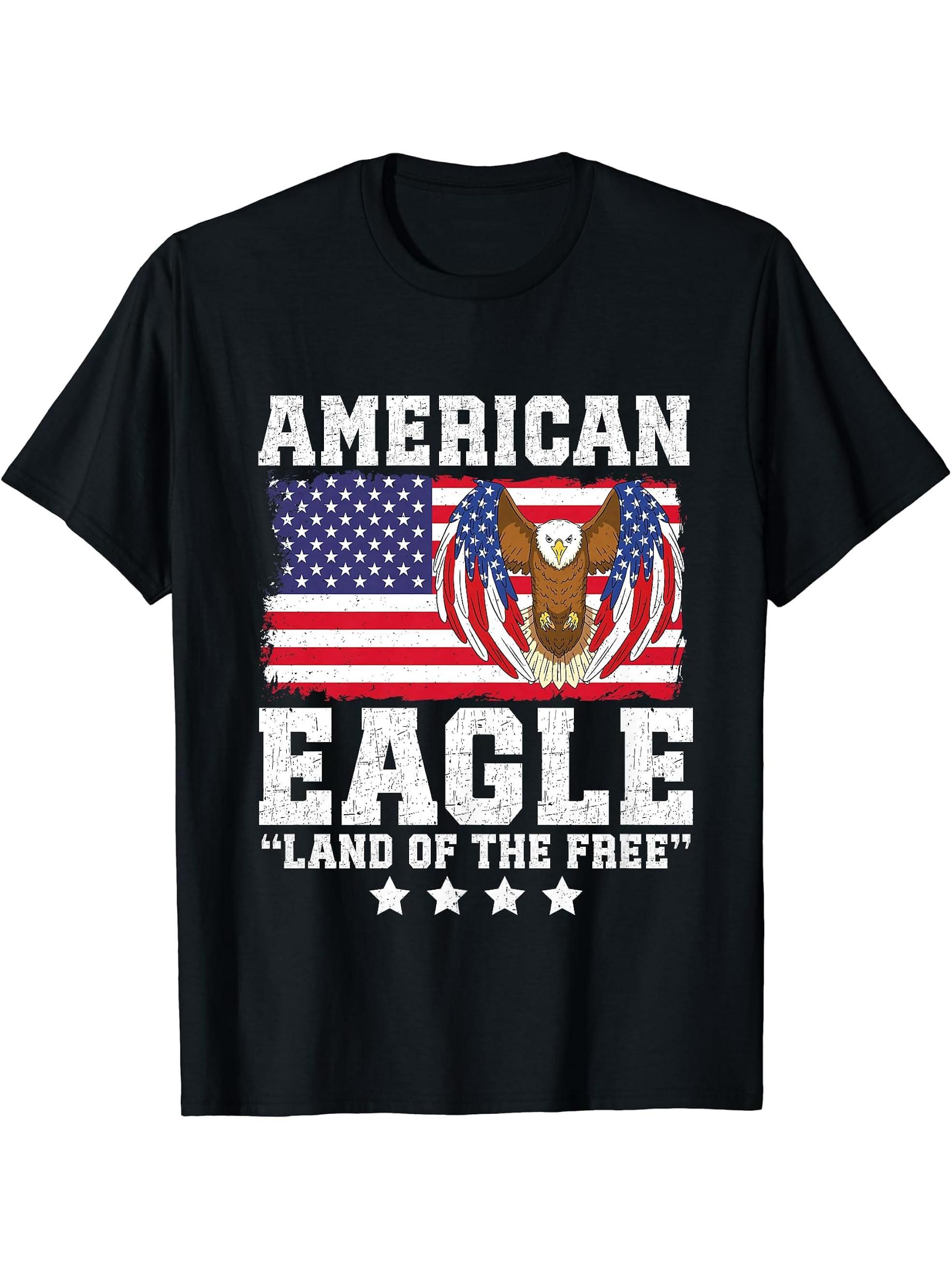 Flying Bald Eagle American Flag Father's Day Dad Eagle Lover T-Shirt 180G 100% Cotton Printed Round Neck Short-Sleeve T-Shirt, Gifts for Men Dad Husband Grandpa, S-XXXL, Black