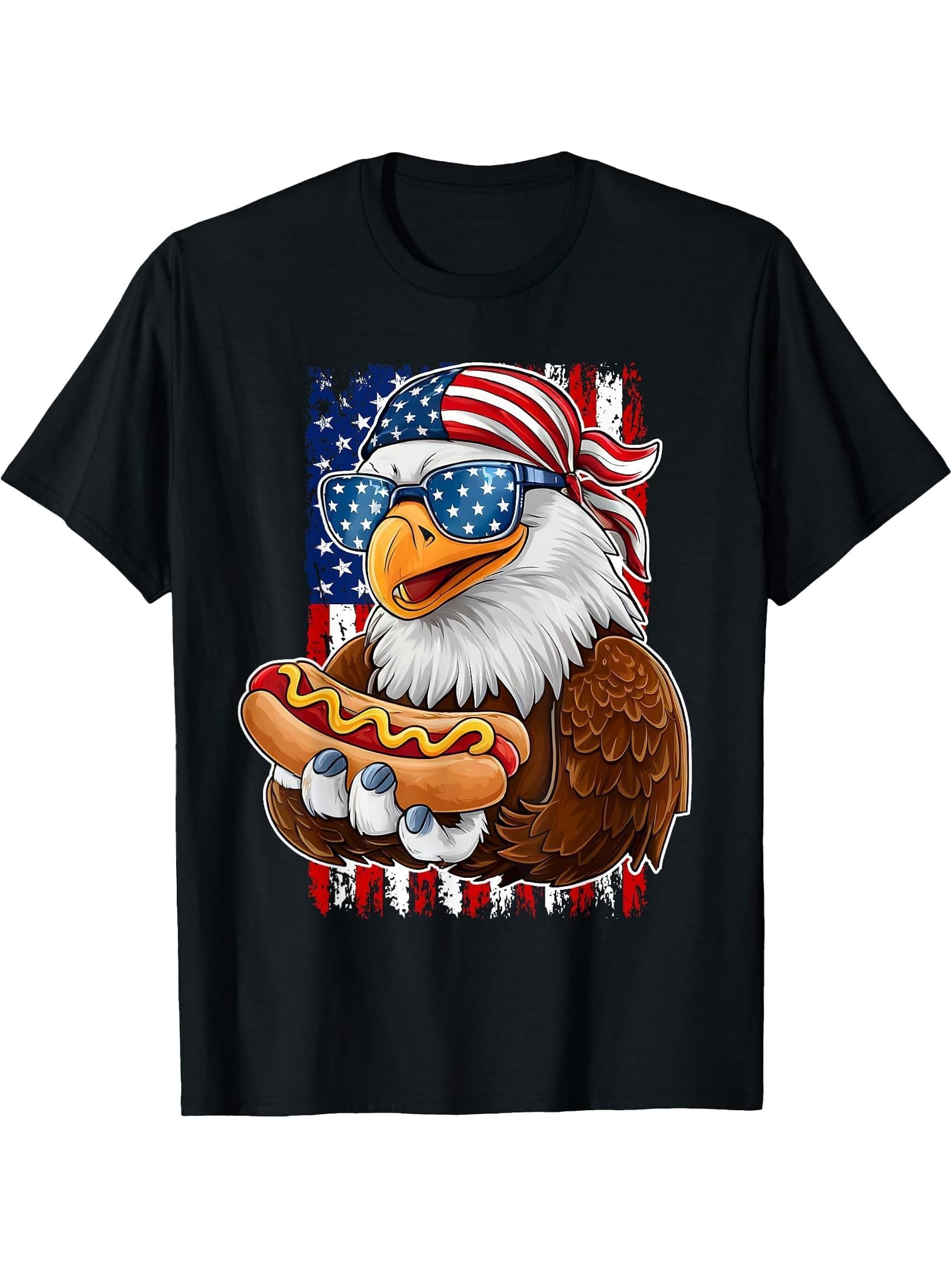 Bald Eagle Hotdog Glizzy American Flag 4th Of July Patriotic T-Shirt 180G 100% Cotton Printed Round Neck Short-Sleeve T-Shirt, Gifts for Men Dad Husband Grandpa, S-XXXL, Black