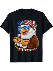 Bald Eagle Hotdog Glizzy American Flag 4th Of July Patriotic T-Shirt 180G 100% Cotton Printed Round Neck Short-Sleeve T-Shirt, Gifts for Men Dad Husband Grandpa, S-XXXL, Black