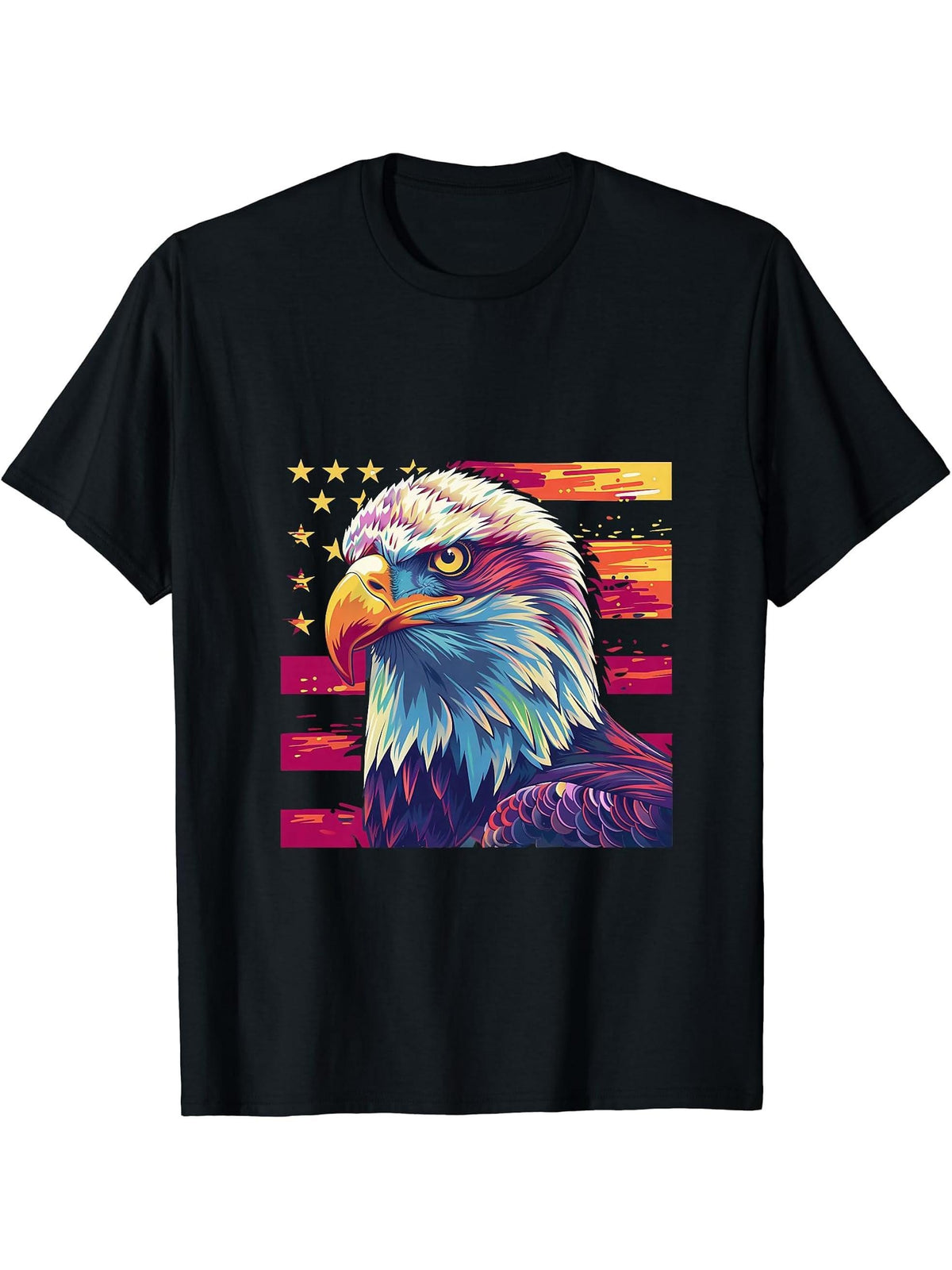 Fourth Of July Bald Eagle 4th Of July America Patriotic USA T-Shirt 180G 100% Cotton Printed Round Neck Short-Sleeve T-Shirt, Gifts for Men Dad Husband Grandpa, S-XXXL, Black