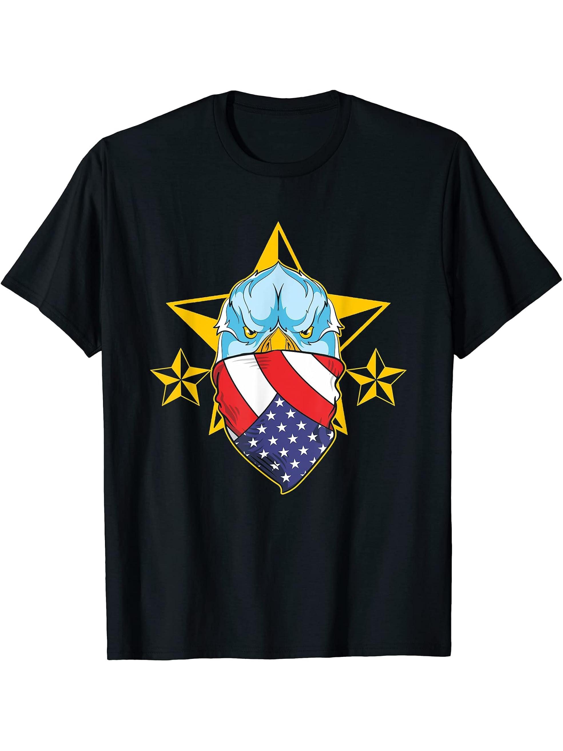4th Of July US Flag Proud Patriotic American Bald Eagle T-Shirt 180G 100% Cotton Printed Round Neck Short-Sleeve T-Shirt, Gifts for Men Dad Husband Grandpa, S-XXXL, Black