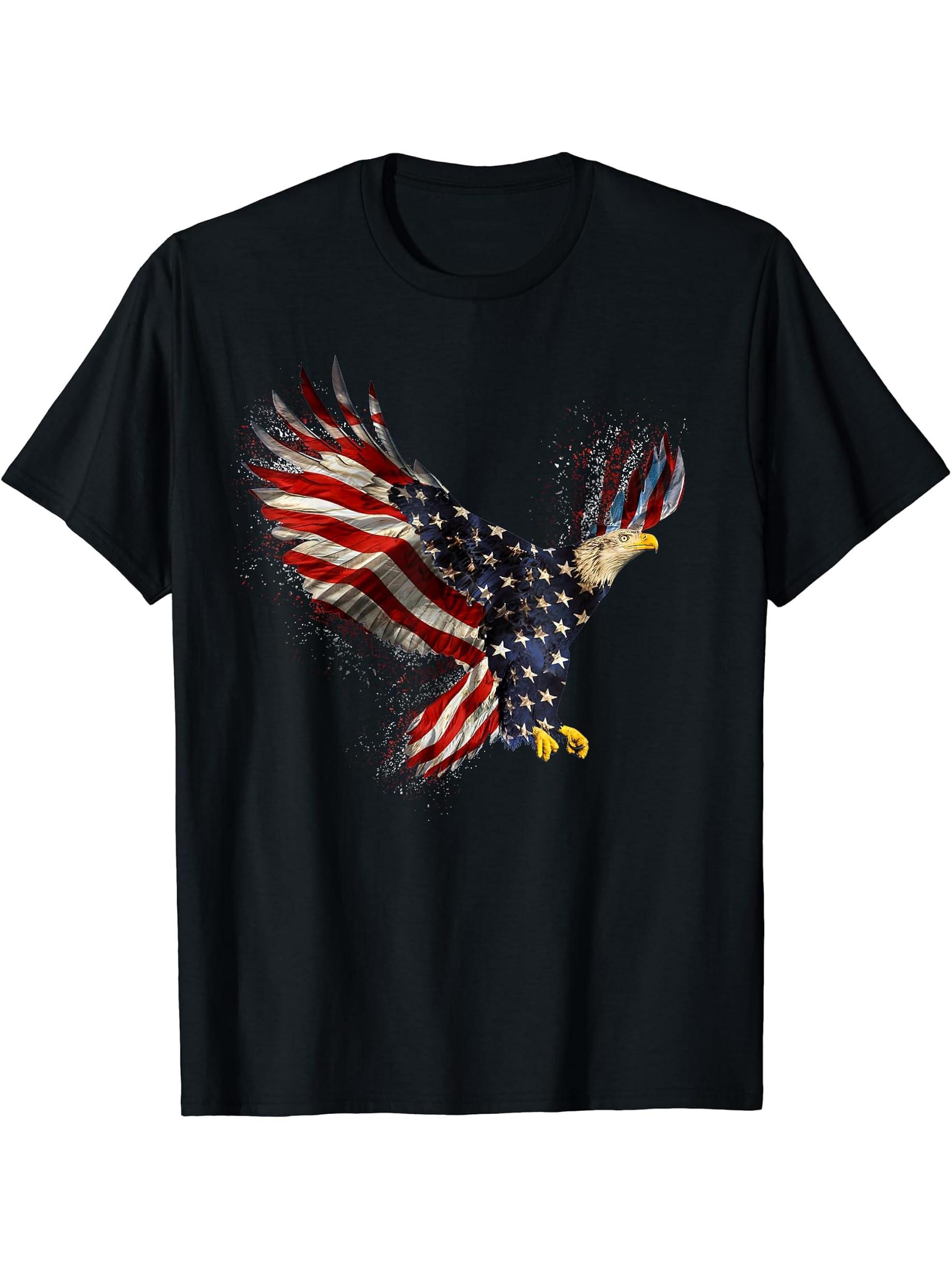 American Flag and Bald Eagle Patriotic T-Shirt 4th of July 180G 100% Cotton Printed Round Neck Short-Sleeve T-Shirt, Gifts for Men Dad Husband Grandpa, S-XXXL, Black