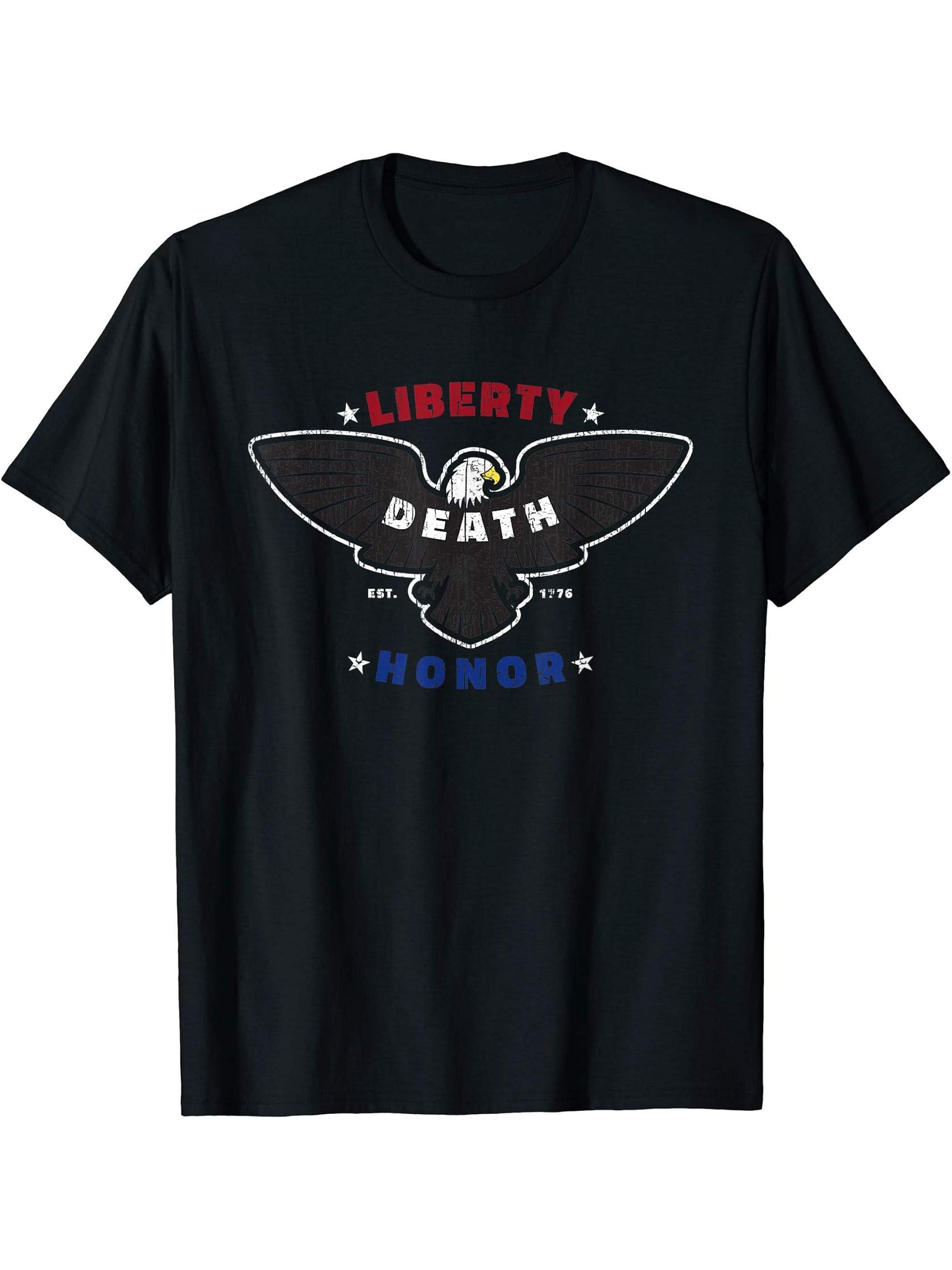 Distressed Give Me Liberty or Death Honor USA Bald Eagle T-Shirt 180G 100% Cotton Printed Round Neck Short-Sleeve T-Shirt, Gifts for Men Dad Husband Grandpa, S-XXXL, Black