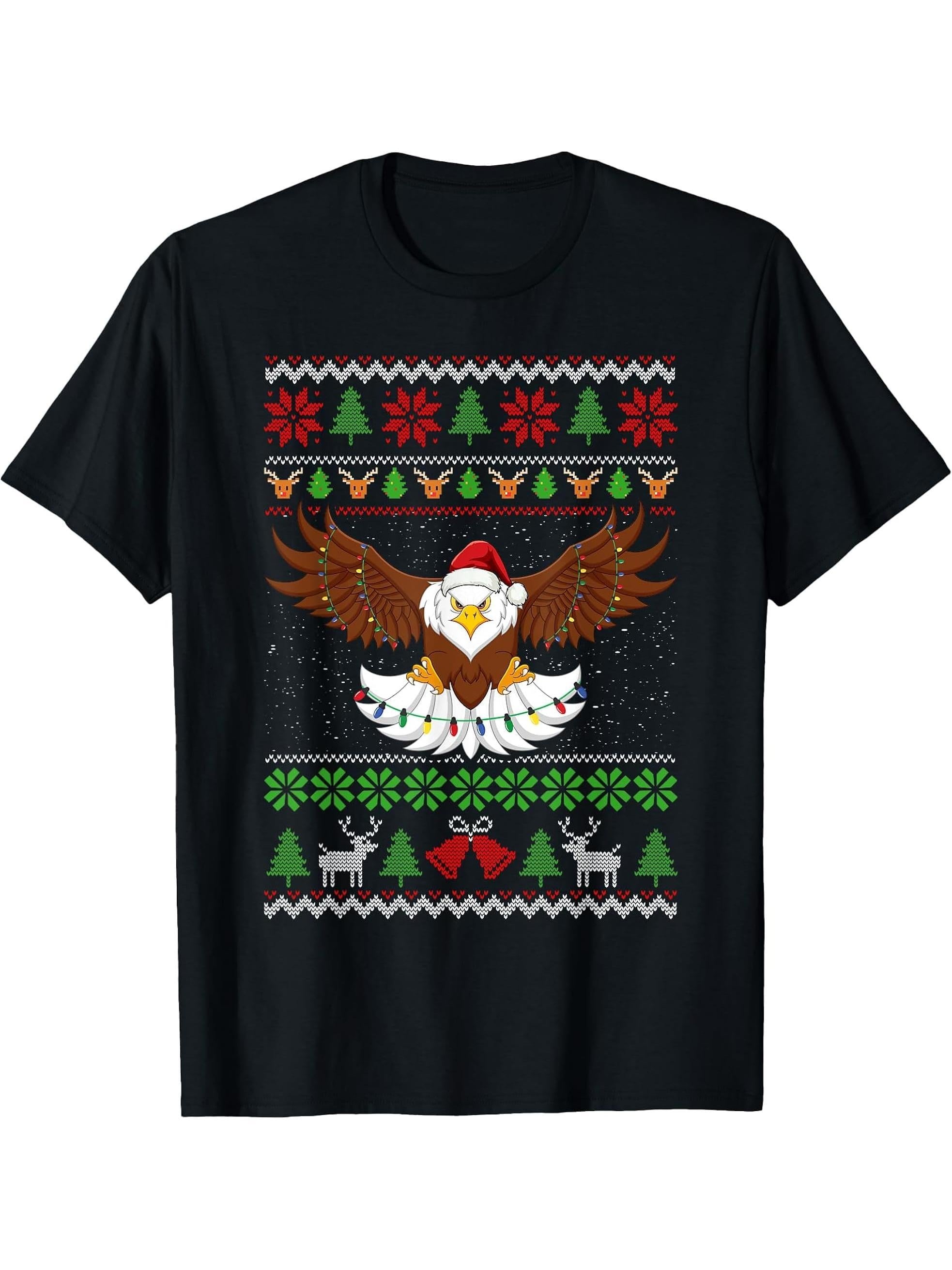 Eagle Bird Lover Family Matching Ugly Bald Eagle Christmas T-Shirt 180G 100% Cotton Printed Round Neck Short-Sleeve T-Shirt, Gifts for Men Dad Husband Grandpa, S-XXXL, Black