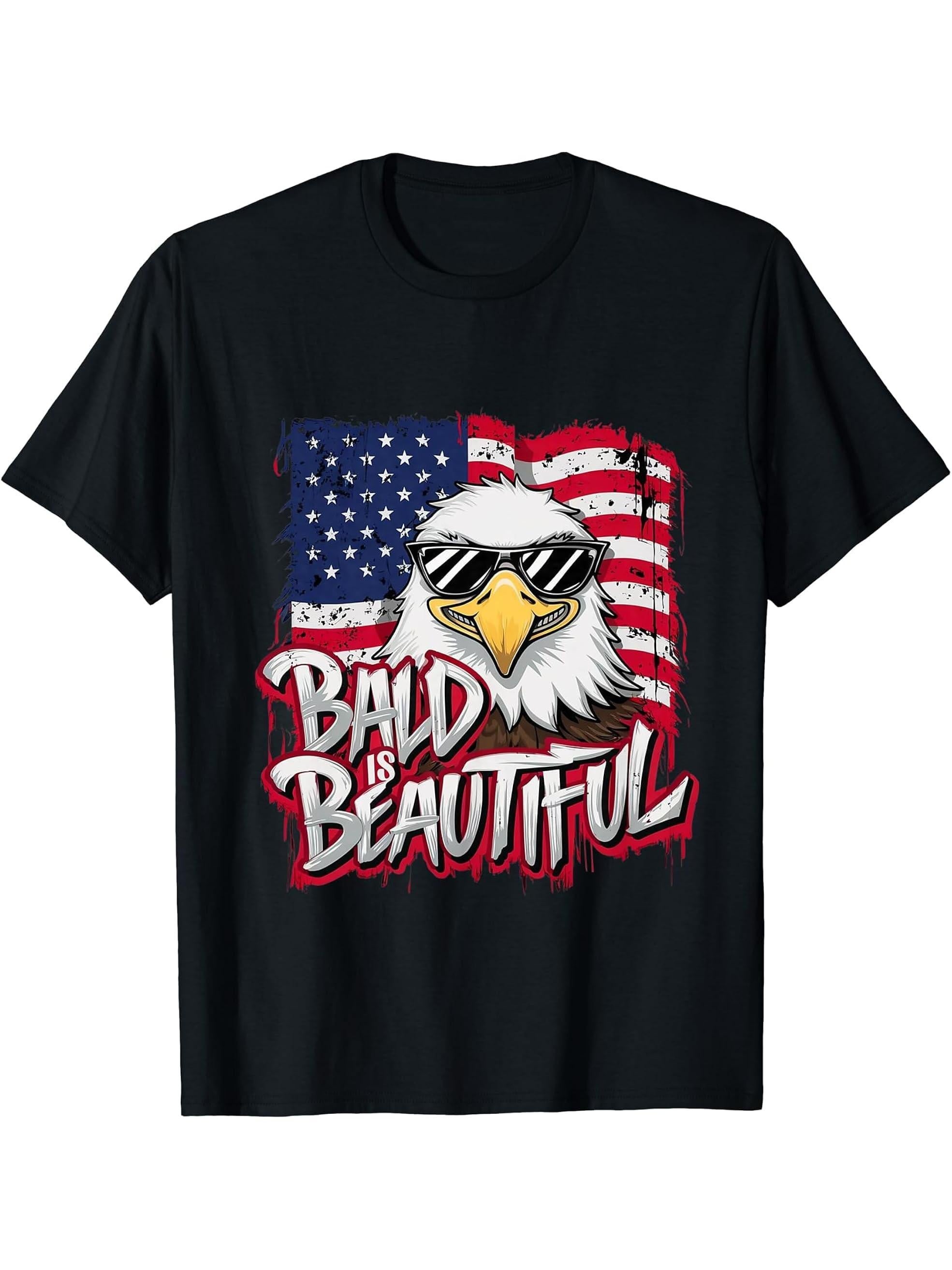 Bald Is Beautiful 4th of July Independence Day Bald Eagle T-Shirt 180G 100% Cotton Printed Round Neck Short-Sleeve T-Shirt, Gifts for Men Dad Husband Grandpa, S-XXXL, Black