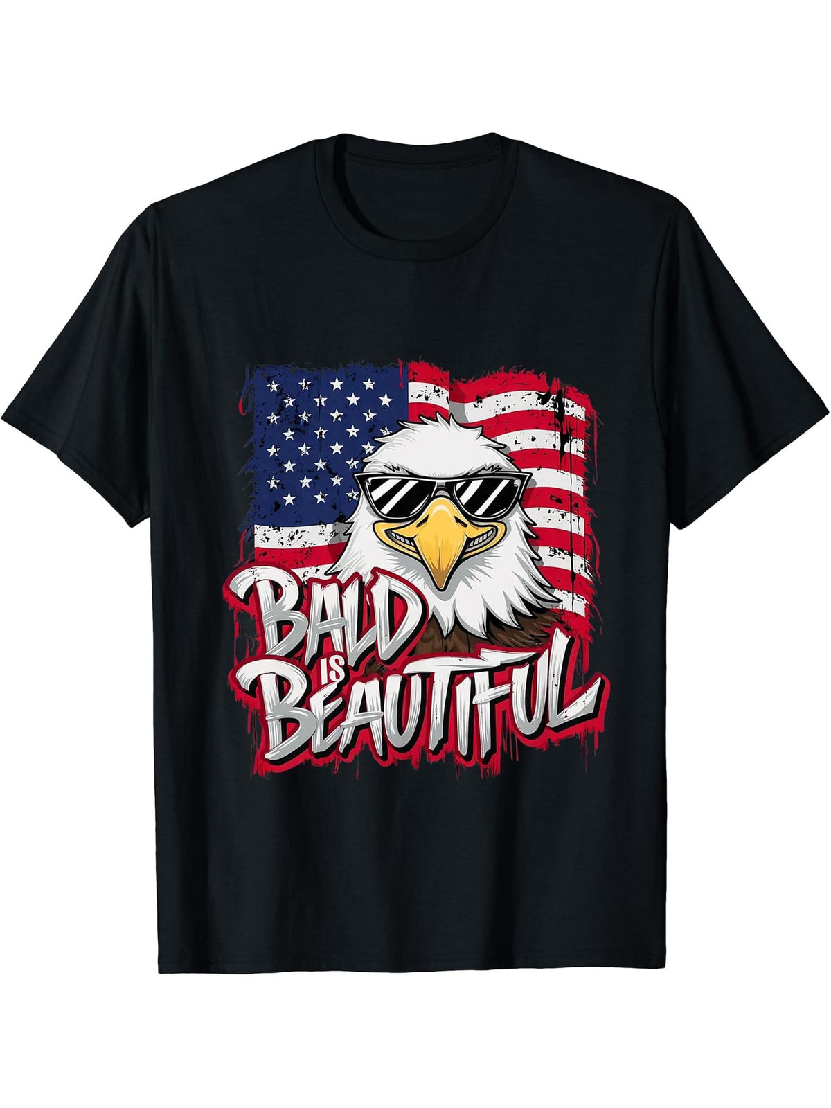 Bald Is Beautiful 4th of July Independence Day Bald Eagle T-Shirt 180G 100% Cotton Printed Round Neck Short-Sleeve T-Shirt, Gifts for Men Dad Husband Grandpa, S-XXXL, Black