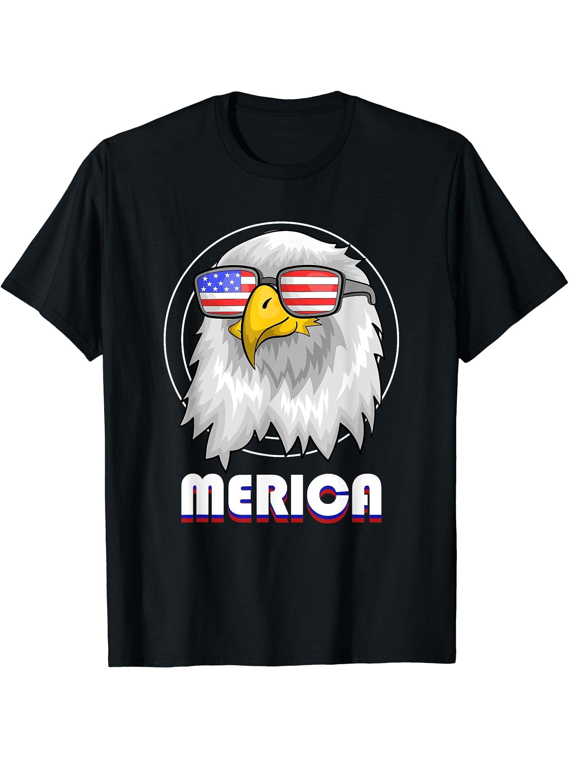 Cool US Flag Sunglasses 4th Of July Merica Bald Eagle T-Shirt 180G 100% Cotton Printed Round Neck Short-Sleeve T-Shirt, Gifts for Men Dad Husband Grandpa, S-XXXL, Black