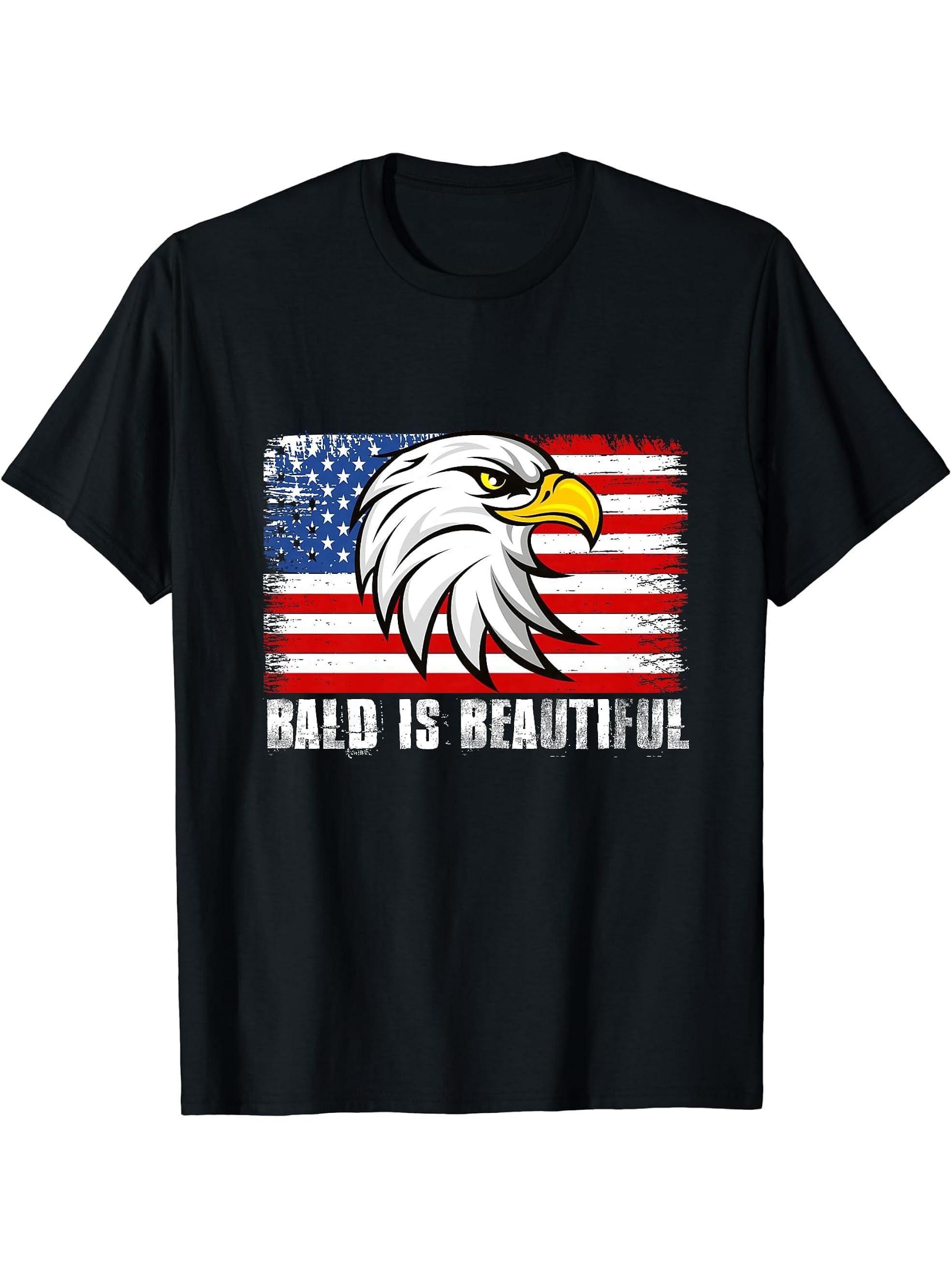 Bald Is Beautiful 4th of July Independence Day Bald Eagle T-Shirt 180G 100% Cotton Printed Round Neck Short-Sleeve T-Shirt, Gifts for Men Dad Husband Grandpa, S-XXXL, Black
