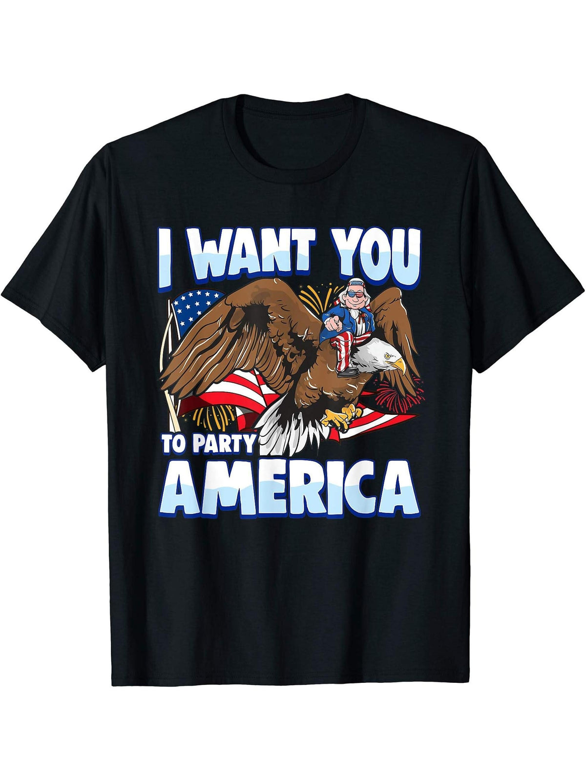 American Flag Bald Eagle Uncle Sam 4th of July Patriotic USA T-Shirt 180G 100% Cotton Printed Round Neck Short-Sleeve T-Shirt, Gifts for Men Dad Husband Grandpa, S-XXXL, Black