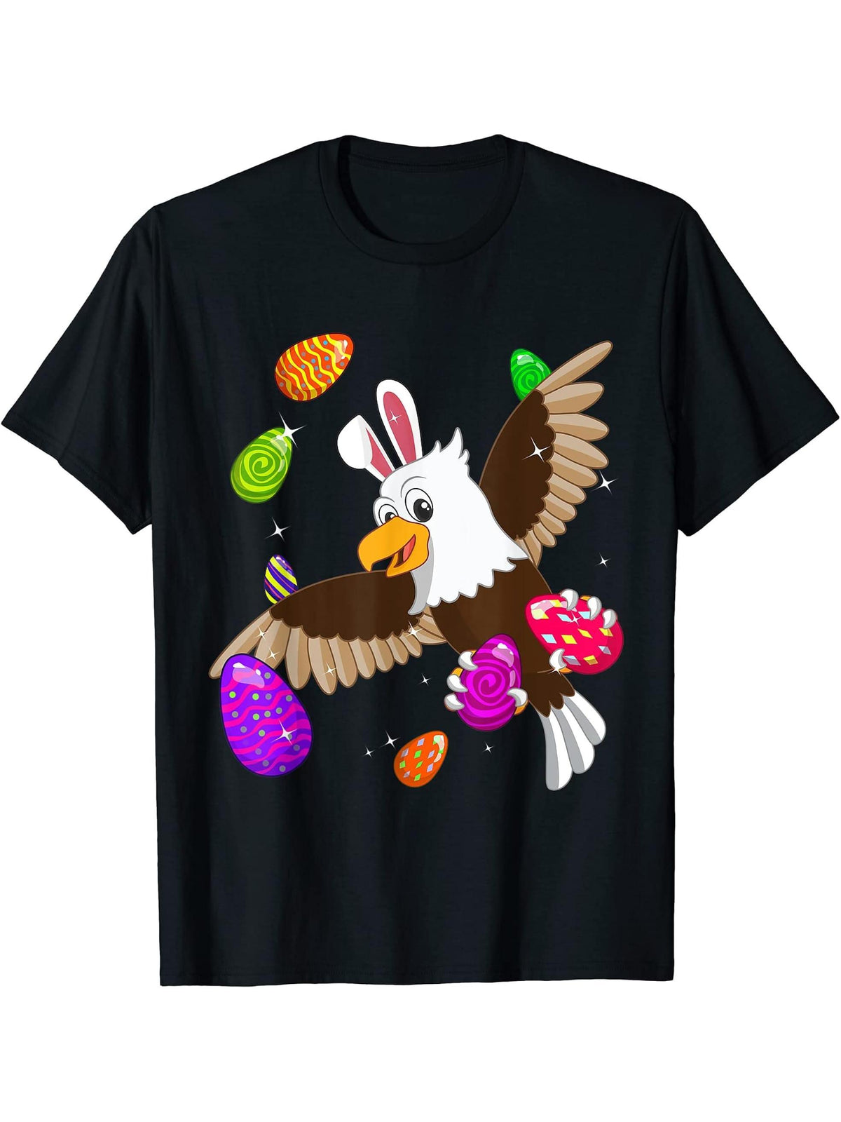 Easter Bald Eagle Holiday Bunny Ears and colored eggs T-Shirt 180G 100% Cotton Printed Round Neck Short-Sleeve T-Shirt, Gifts for Men Dad Husband Grandpa, S-XXXL, Black