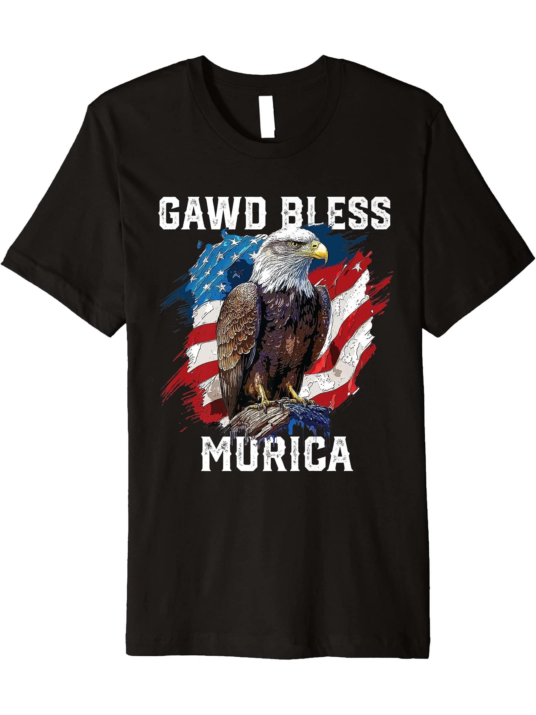 Gawd Bless Murica American Bald Eagle Funny America Premium T-Shirt 180G 100% Cotton Printed Round Neck Short-Sleeve T-Shirt, Gifts for Men Dad Husband Grandpa, S-XXXL, Black