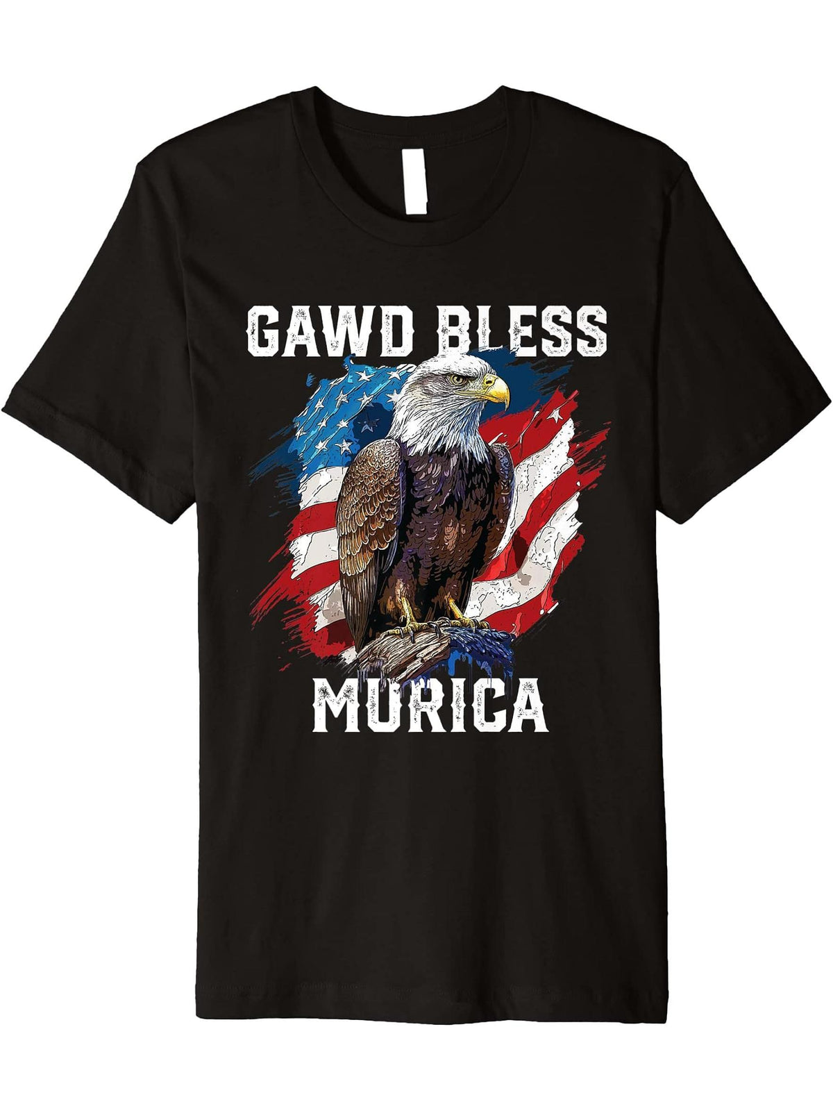Gawd Bless Murica American Bald Eagle Funny America Premium T-Shirt 180G 100% Cotton Printed Round Neck Short-Sleeve T-Shirt, Gifts for Men Dad Husband Grandpa, S-XXXL, Black
