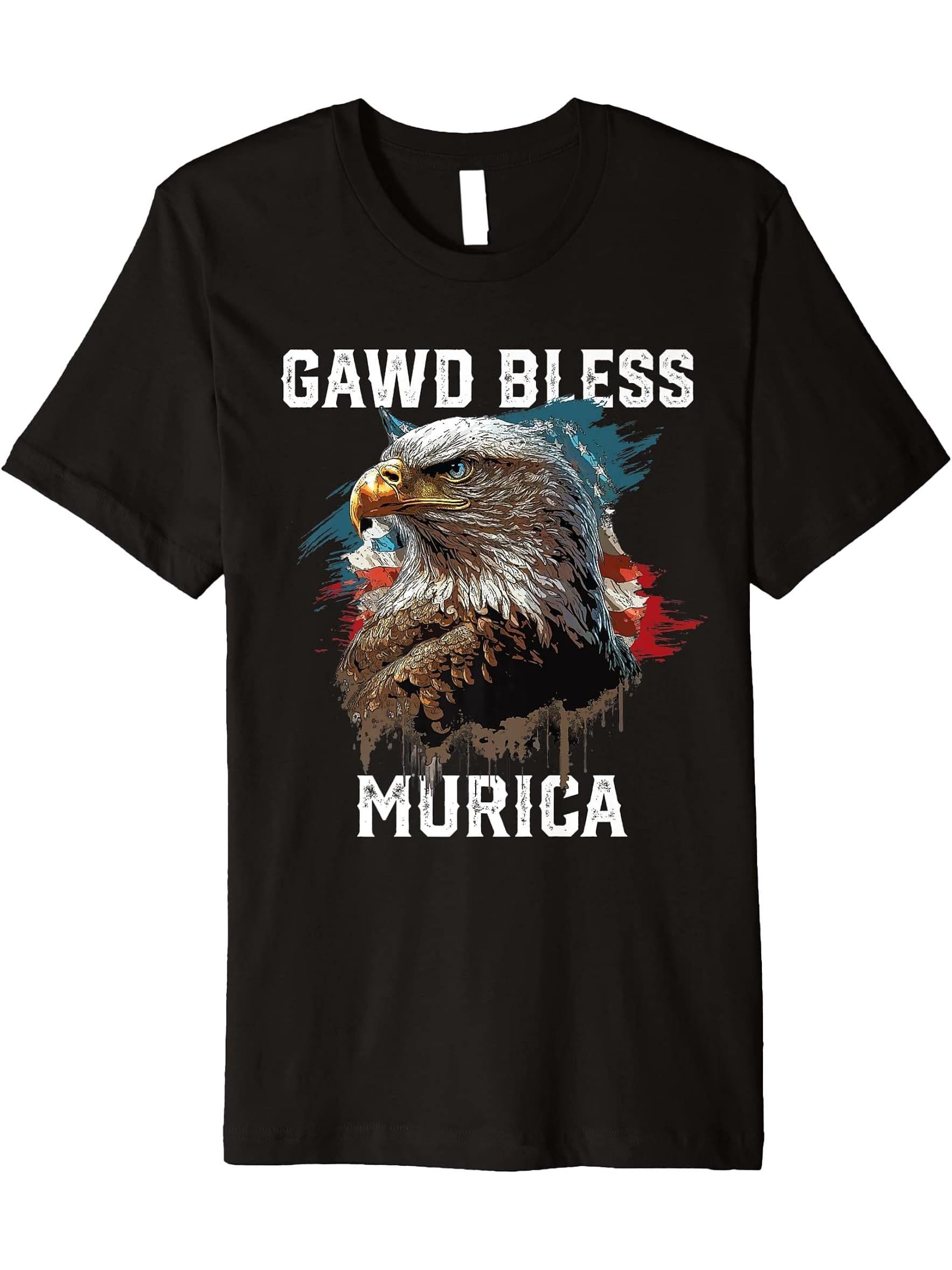 Gawd Bless Murica American Bald Eagle Funny America Premium T-Shirt 180G 100% Cotton Printed Round Neck Short-Sleeve T-Shirt, Gifts for Men Dad Husband Grandpa, S-XXXL, Black