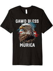 Gawd Bless Murica American Bald Eagle Funny America Premium T-Shirt 180G 100% Cotton Printed Round Neck Short-Sleeve T-Shirt, Gifts for Men Dad Husband Grandpa, S-XXXL, Black