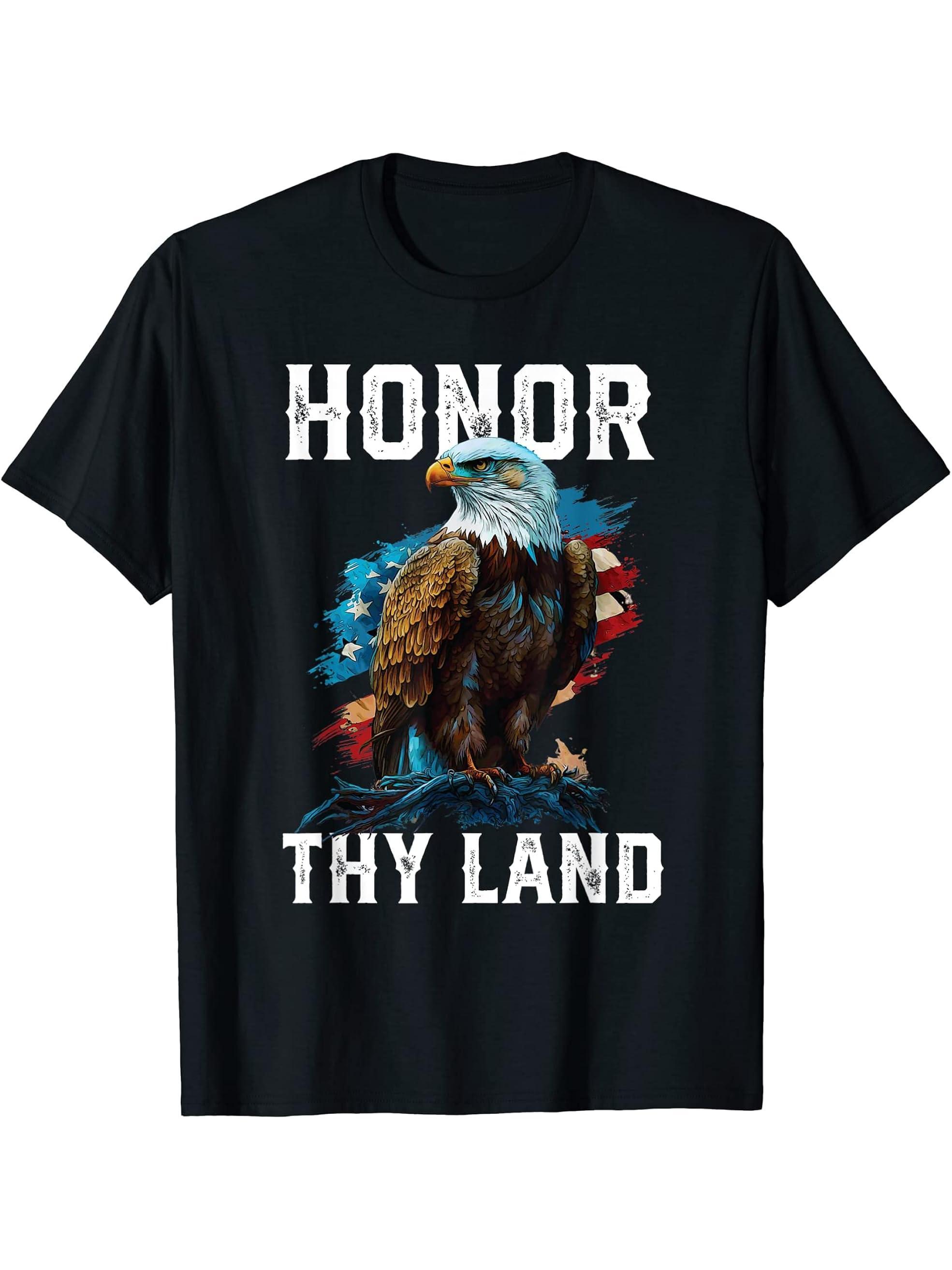 Honor Thy Land American Bald Eagle America USA Flag T-Shirt 180G 100% Cotton Printed Round Neck Short-Sleeve T-Shirt, Gifts for Men Dad Husband Grandpa, S-XXXL, Black