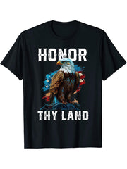 Honor Thy Land American Bald Eagle America USA Flag T-Shirt 180G 100% Cotton Printed Round Neck Short-Sleeve T-Shirt, Gifts for Men Dad Husband Grandpa, S-XXXL, Black