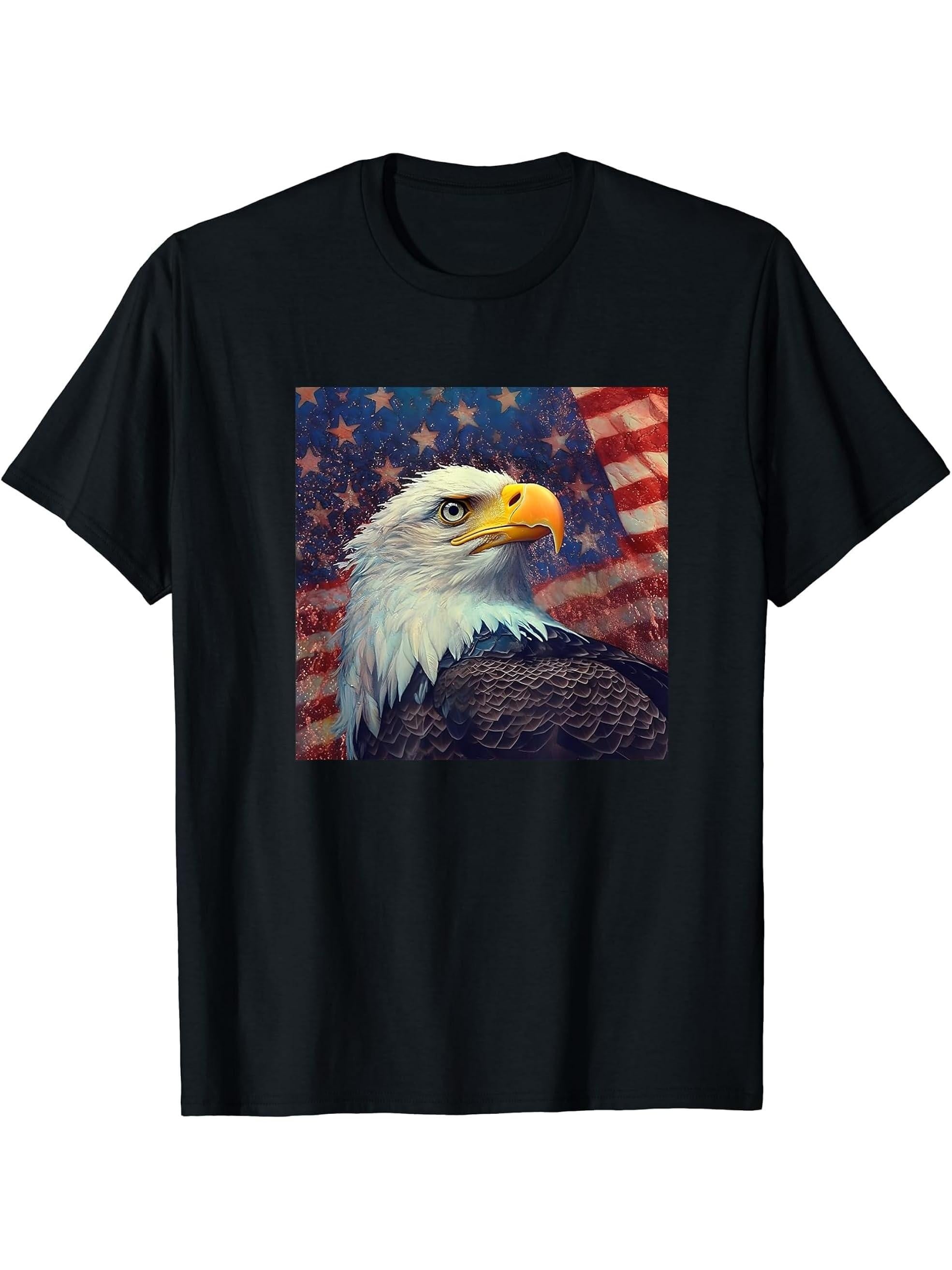 bald eagle flag 4th Of July Patriotic American Flag T-Shirt 180G 100% Cotton Printed Round Neck Short-Sleeve T-Shirt, Gifts for Men Dad Husband Grandpa, S-XXXL, Black