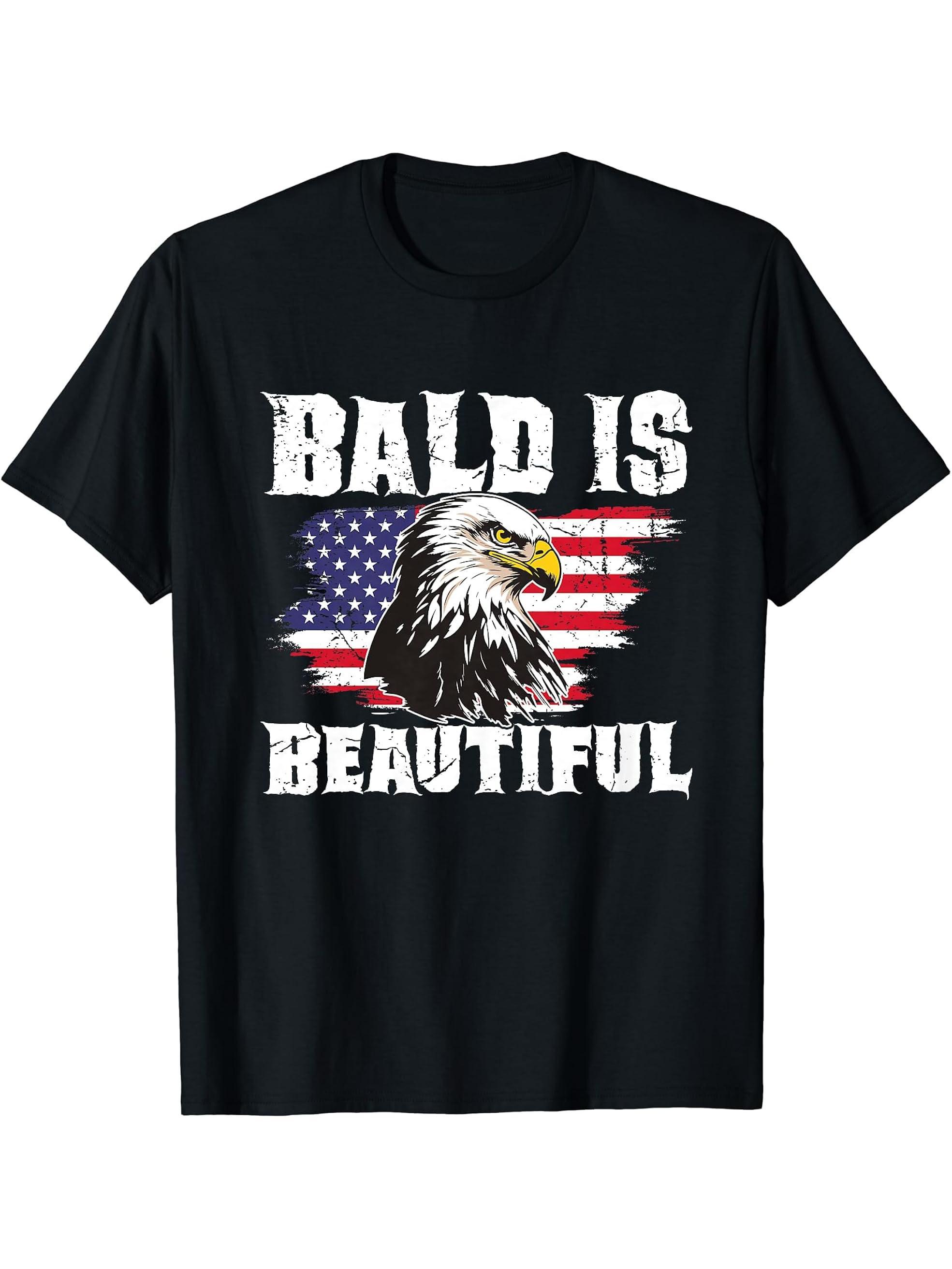 Bald Is Beautiful 4th of July Independence Day Bald Eagle T-Shirt 180G 100% Cotton Printed Round Neck Short-Sleeve T-Shirt, Gifts for Men Dad Husband Grandpa, S-XXXL, Black