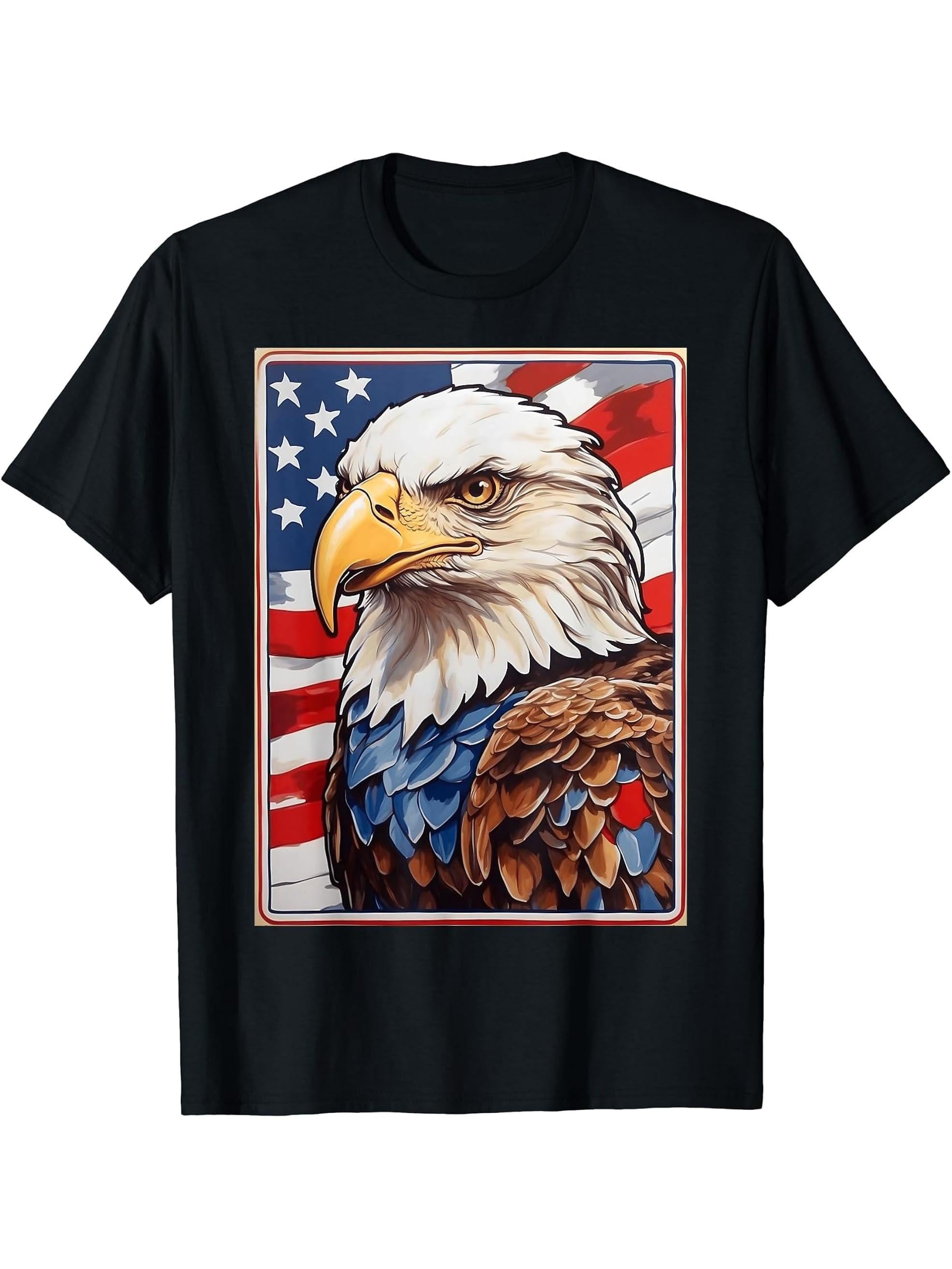 Freedom Flight - Bald Eagle Amidst American Flag Colors T-Shirt 180G 100% Cotton Printed Round Neck Short-Sleeve T-Shirt, Gifts for Men Dad Husband Grandpa, S-XXXL, Black
