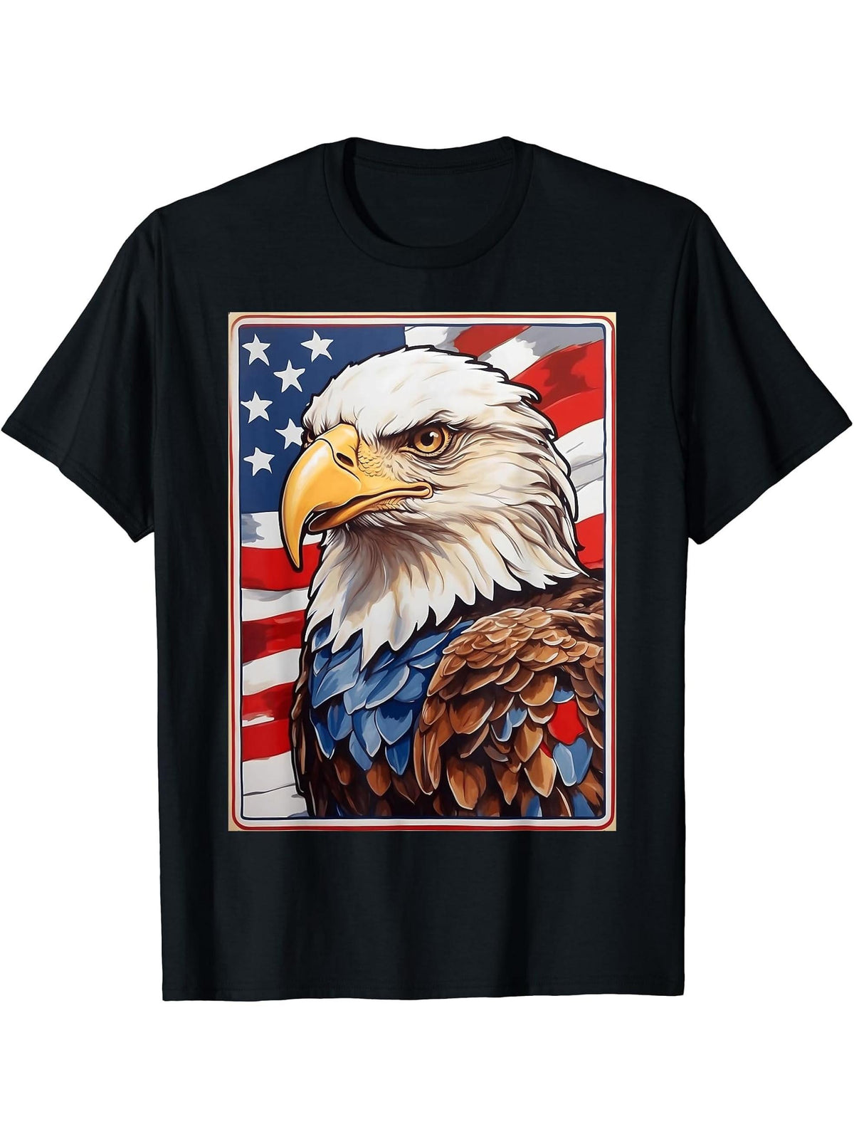 Freedom Flight - Bald Eagle Amidst American Flag Colors T-Shirt 180G 100% Cotton Printed Round Neck Short-Sleeve T-Shirt, Gifts for Men Dad Husband Grandpa, S-XXXL, Black