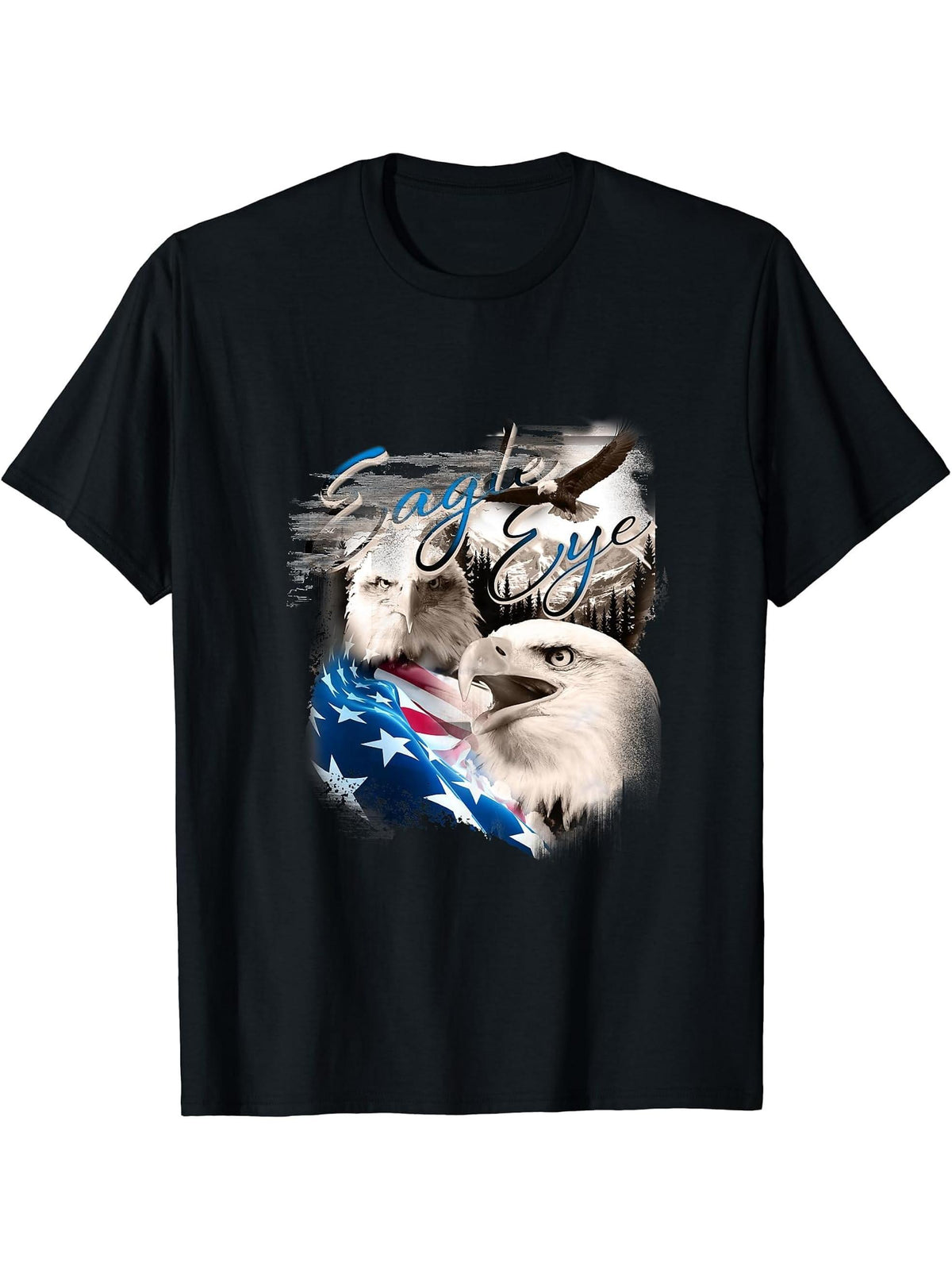 American Eagle USA Flag Patriotic Bald Eagle 4th Of July T-Shirt 180G 100% Cotton Printed Round Neck Short-Sleeve T-Shirt, Gifts for Men Dad Husband Grandpa, S-XXXL, Black