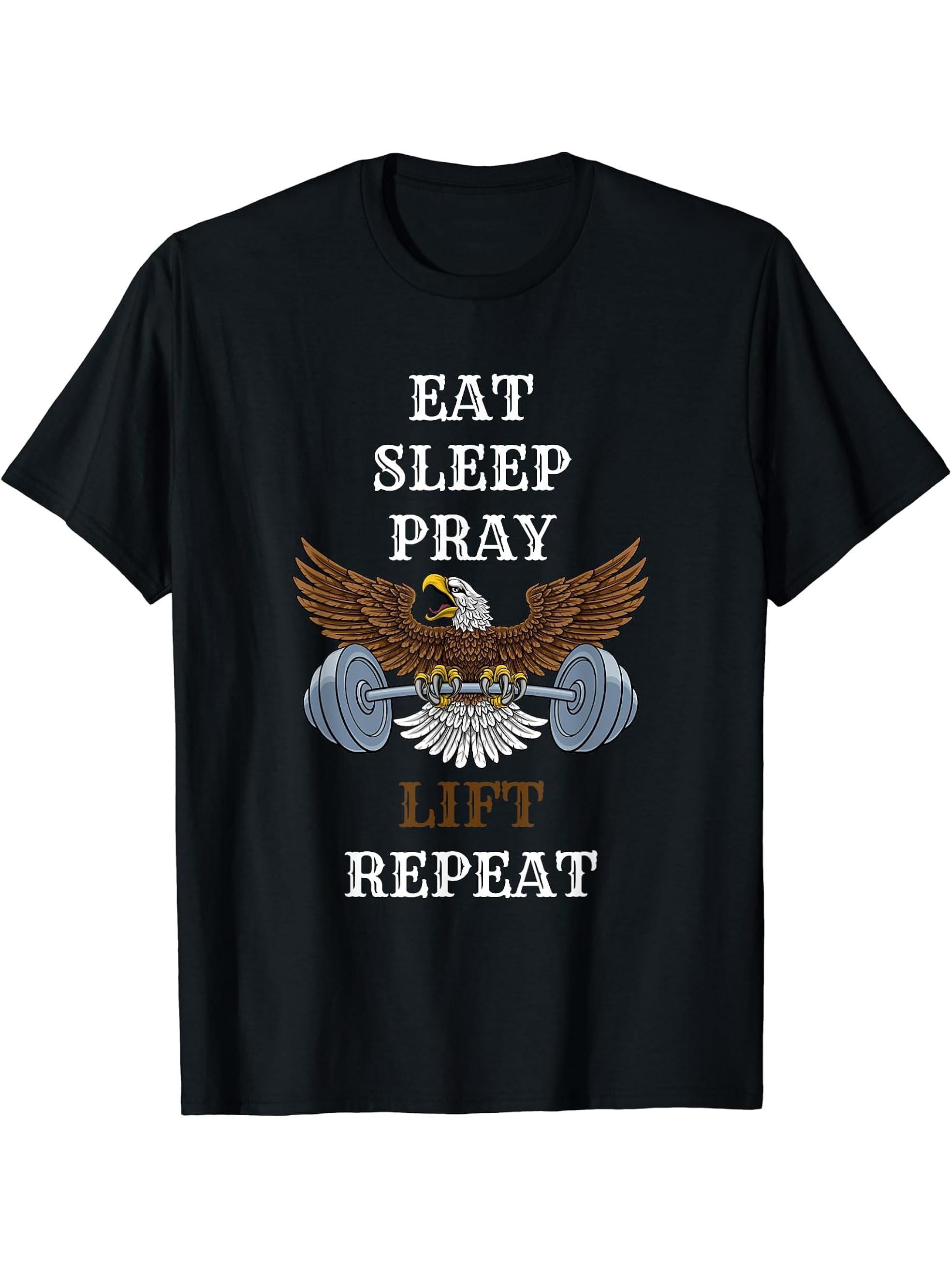 Eat Sleep Pray Lift Repeat Bald Eagle USA Flag T-Shirt 180G 100% Cotton Printed Round Neck Short-Sleeve T-Shirt, Gifts for Men Dad Husband Grandpa, S-XXXL, Black