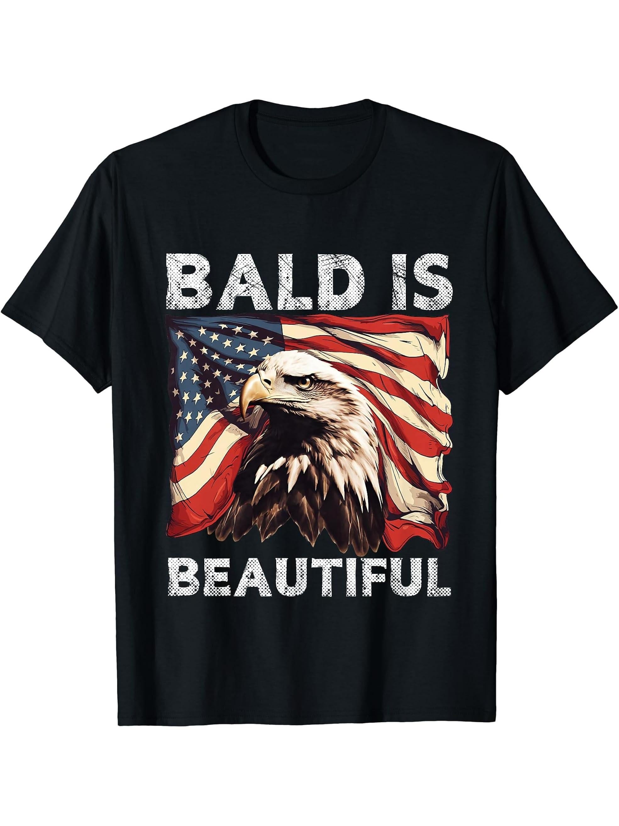 Bald Is Beautiful 4th of July Independence Day Bald Eagle T-Shirt 180G 100% Cotton Printed Round Neck Short-Sleeve T-Shirt, Gifts for Men Dad Husband Grandpa, S-XXXL, Black