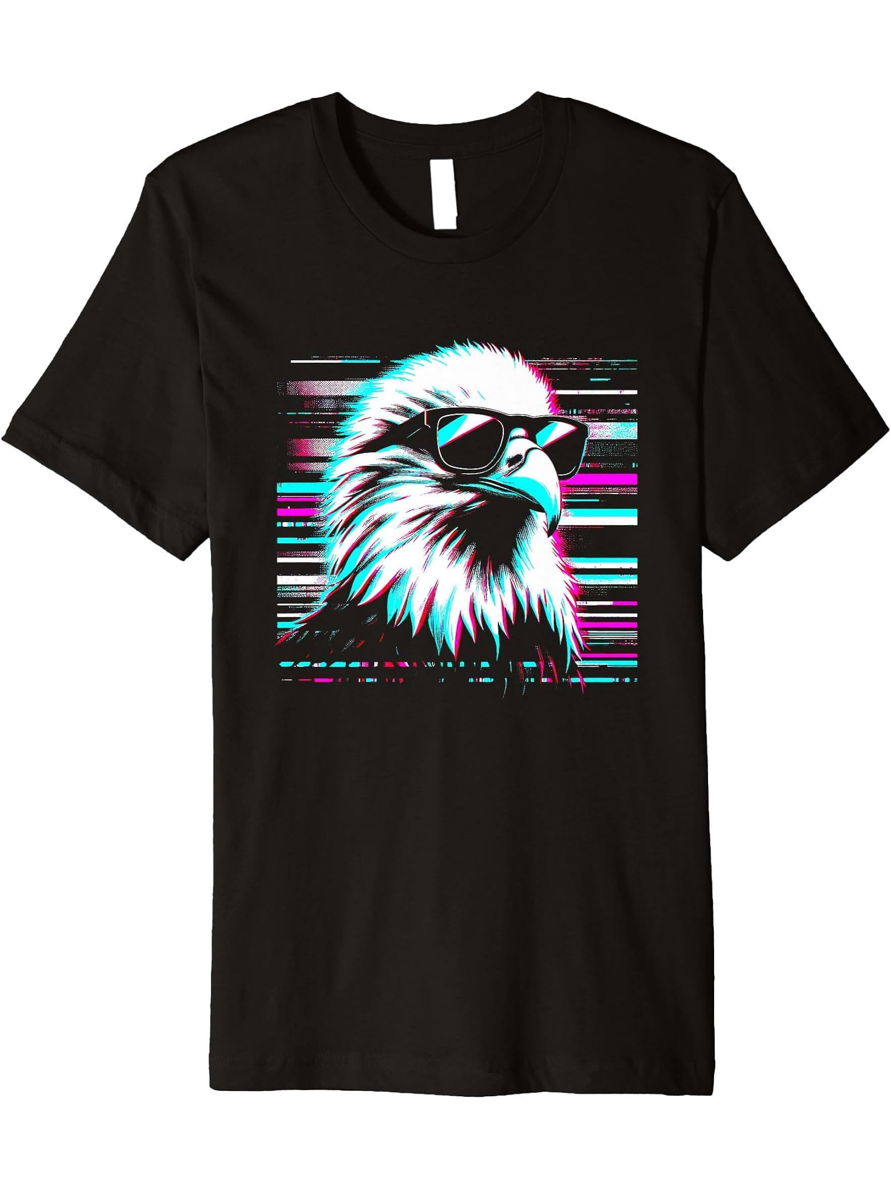 American Bald Eagle Glitch - Vintage Eagle Bird Lover Premium T-Shirt 180G 100% Cotton Printed Round Neck Short-Sleeve T-Shirt, Gifts for Men Dad Husband Grandpa, S-XXXL, Black