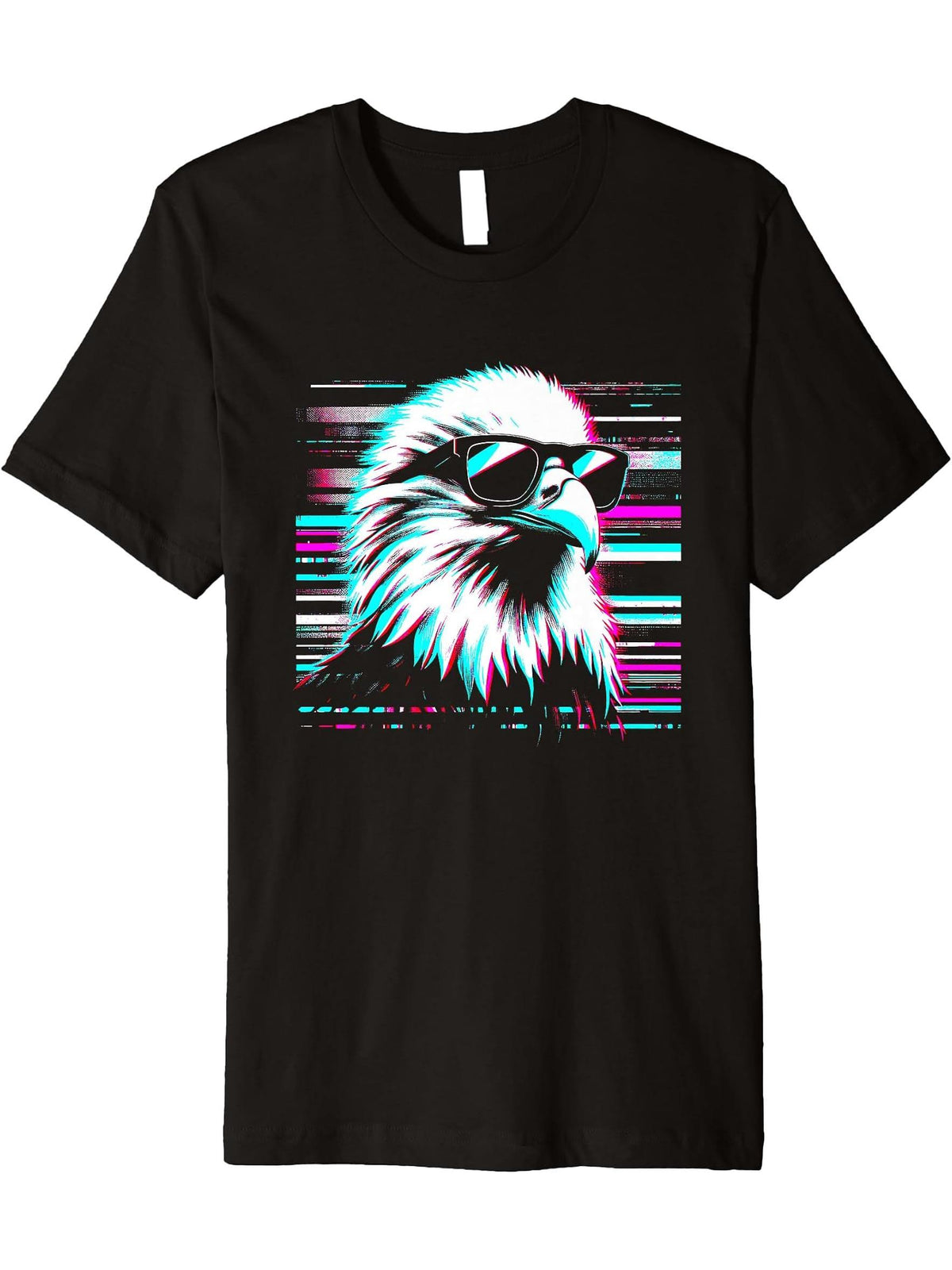 American Bald Eagle Glitch - Vintage Eagle Bird Lover Premium T-Shirt 180G 100% Cotton Printed Round Neck Short-Sleeve T-Shirt, Gifts for Men Dad Husband Grandpa, S-XXXL, Black