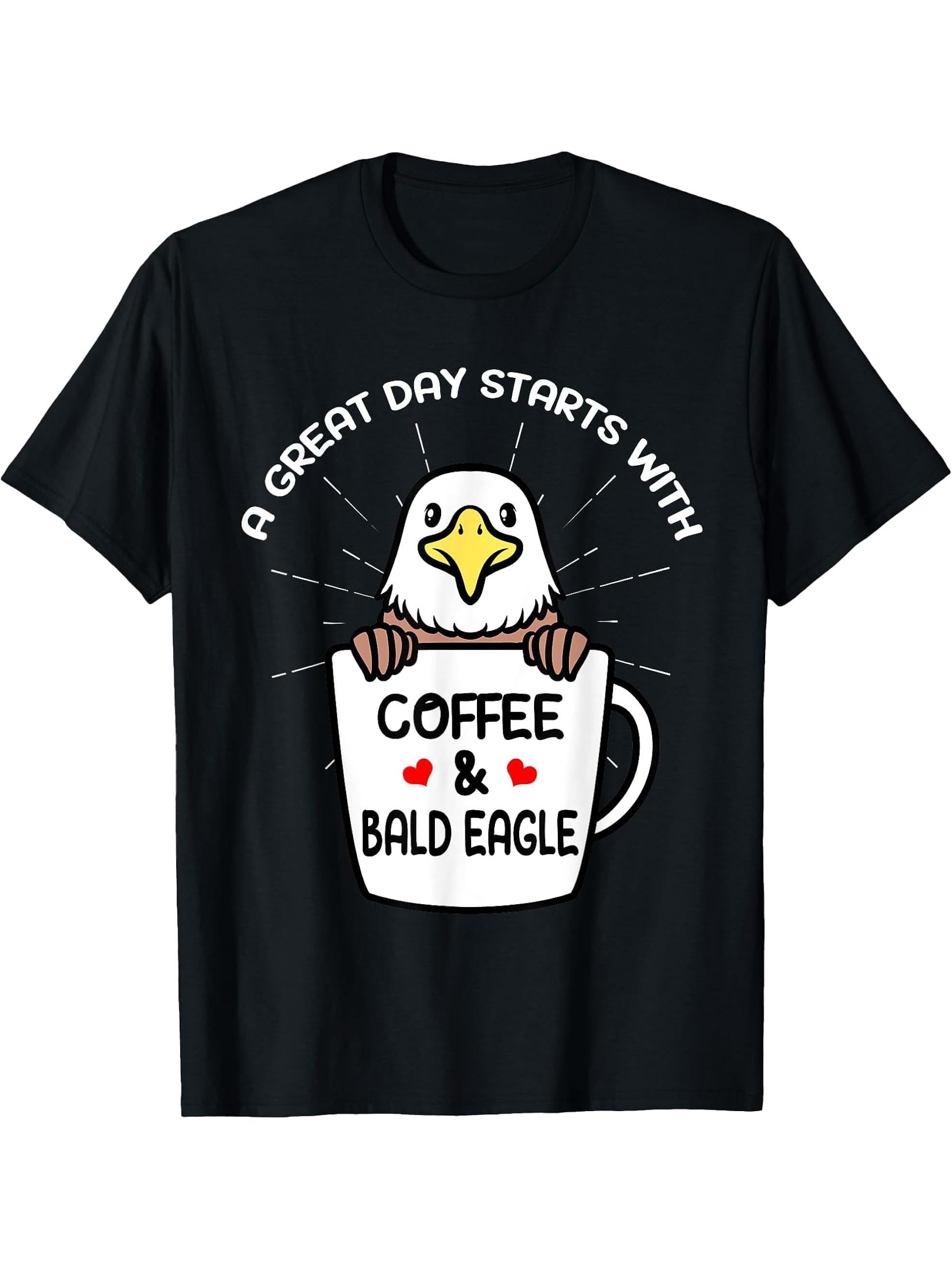 Coffee And Bald Eagle Bird Birding Birder Bird Watching T-Shirt 180G 100% Cotton Printed Round Neck Short-Sleeve T-Shirt, Gifts for Men Dad Husband Grandpa, S-XXXL, Black