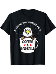 Coffee And Bald Eagle Bird Birding Birder Bird Watching T-Shirt 180G 100% Cotton Printed Round Neck Short-Sleeve T-Shirt, Gifts for Men Dad Husband Grandpa, S-XXXL, Black