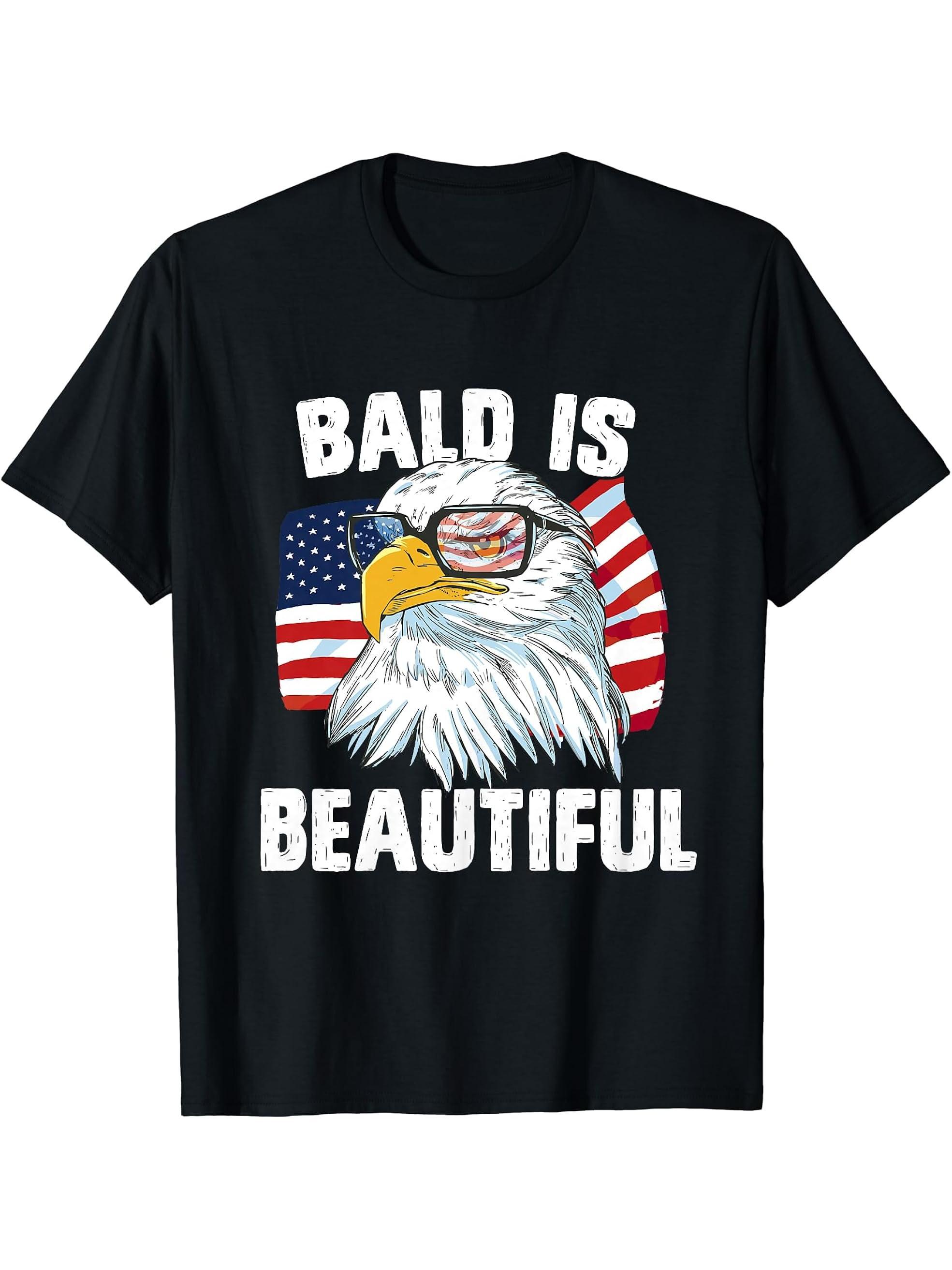 Bald Is Beautiful US 4th of July & American Flag Bald Eagle T-Shirt 180G 100% Cotton Printed Round Neck Short-Sleeve T-Shirt, Gifts for Men Dad Husband Grandpa, S-XXXL, Black
