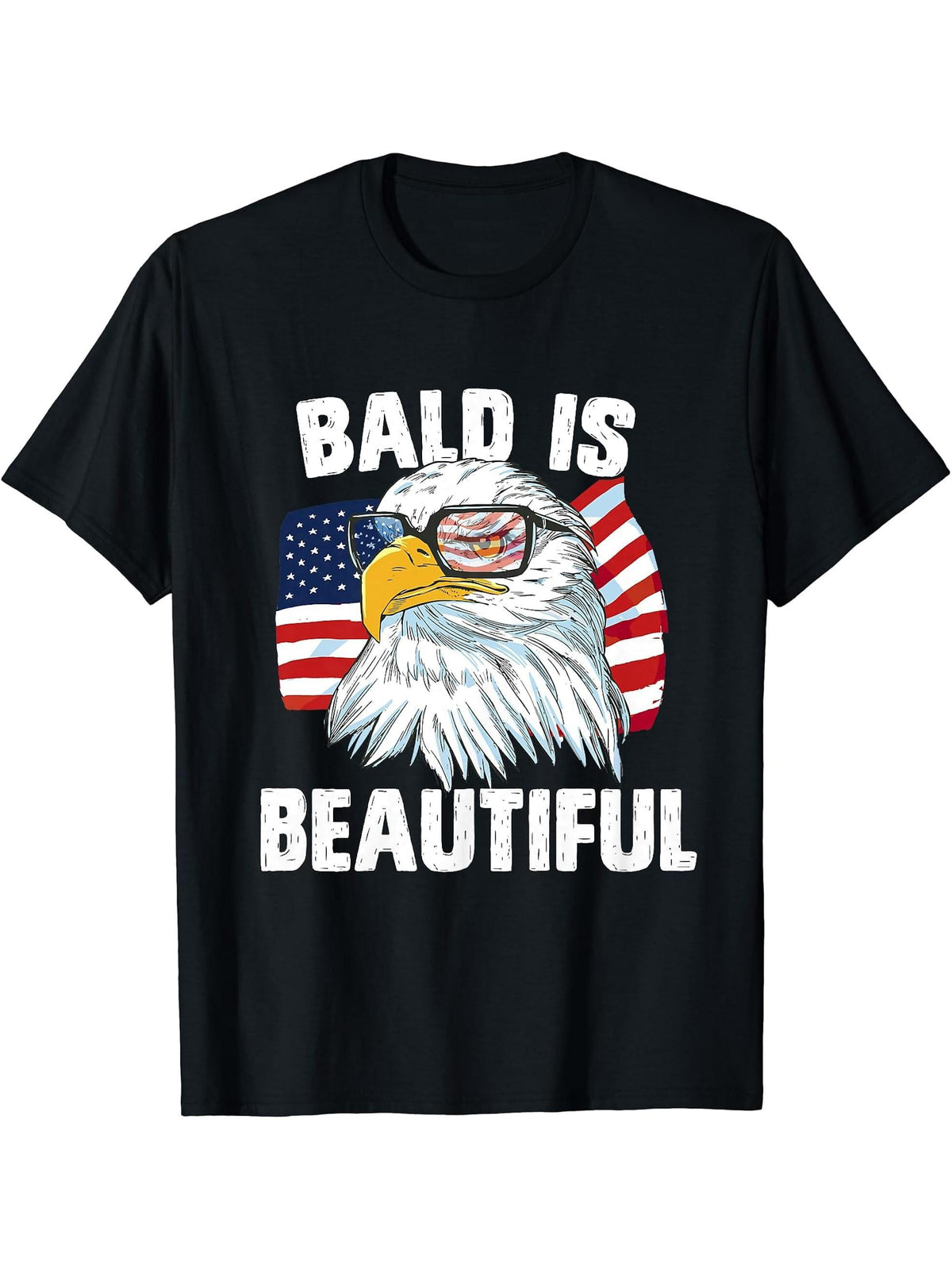 Bald Is Beautiful US 4th of July & American Flag Bald Eagle T-Shirt 180G 100% Cotton Printed Round Neck Short-Sleeve T-Shirt, Gifts for Men Dad Husband Grandpa, S-XXXL, Black