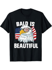 Bald Is Beautiful US 4th of July & American Flag Bald Eagle T-Shirt 180G 100% Cotton Printed Round Neck Short-Sleeve T-Shirt, Gifts for Men Dad Husband Grandpa, S-XXXL, Black