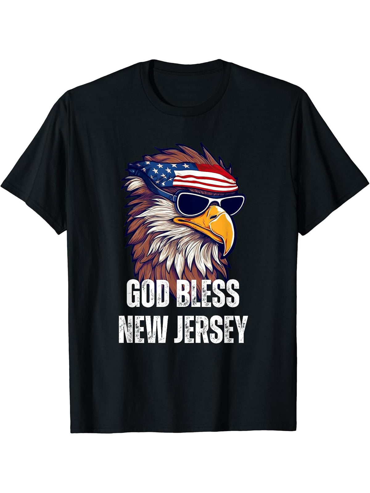 God Bless New Jersey - Patriotic Bald Eagle American Flag T-Shirt 180G 100% Cotton Printed Round Neck Short-Sleeve T-Shirt, Gifts for Men Dad Husband Grandpa, S-XXXL, Black