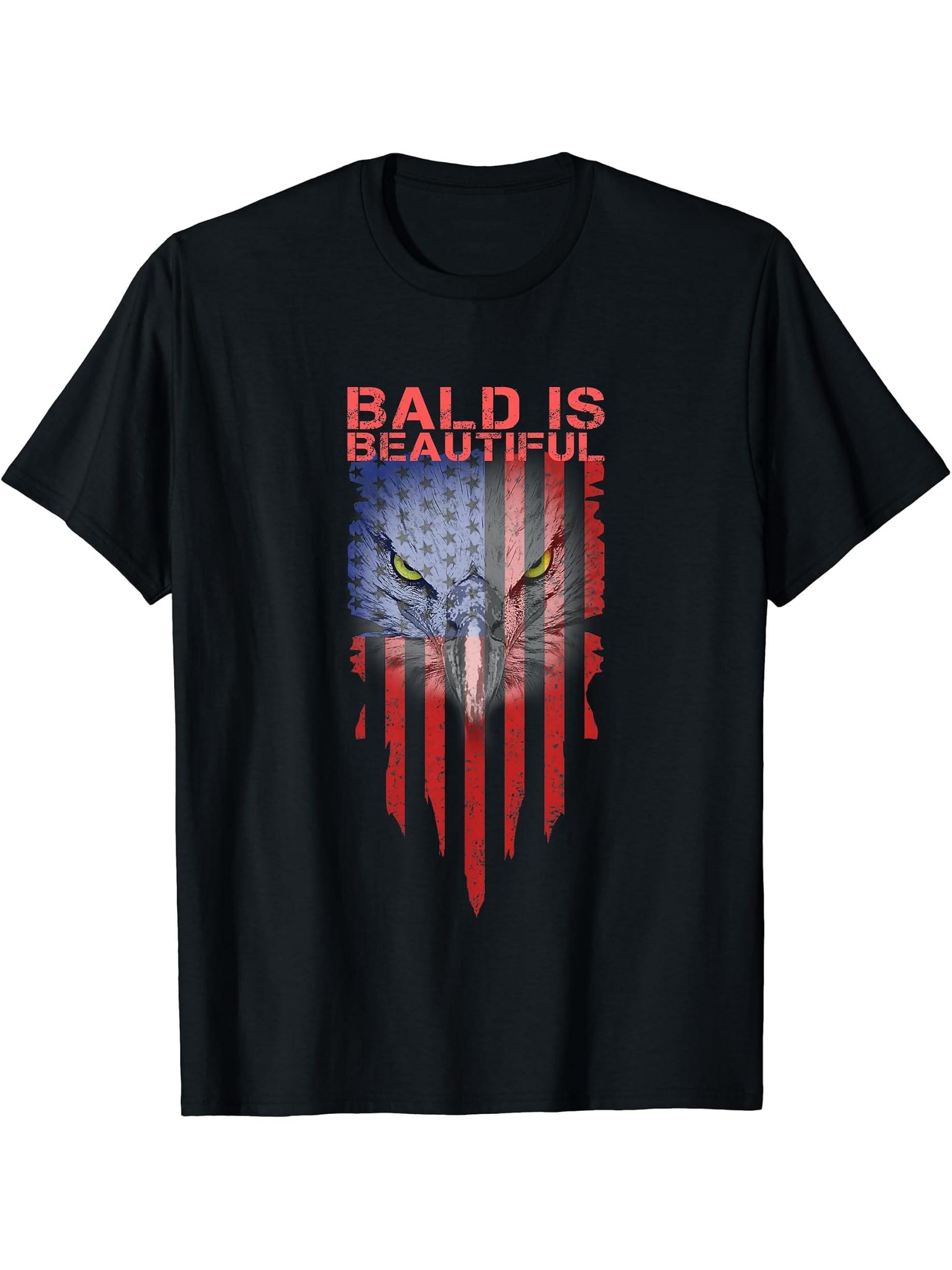 Bald Is Beautiful 4th of July Independence Day Bald Eagle T-Shirt 180G 100% Cotton Printed Round Neck Short-Sleeve T-Shirt, Gifts for Men Dad Husband Grandpa, S-XXXL, Black