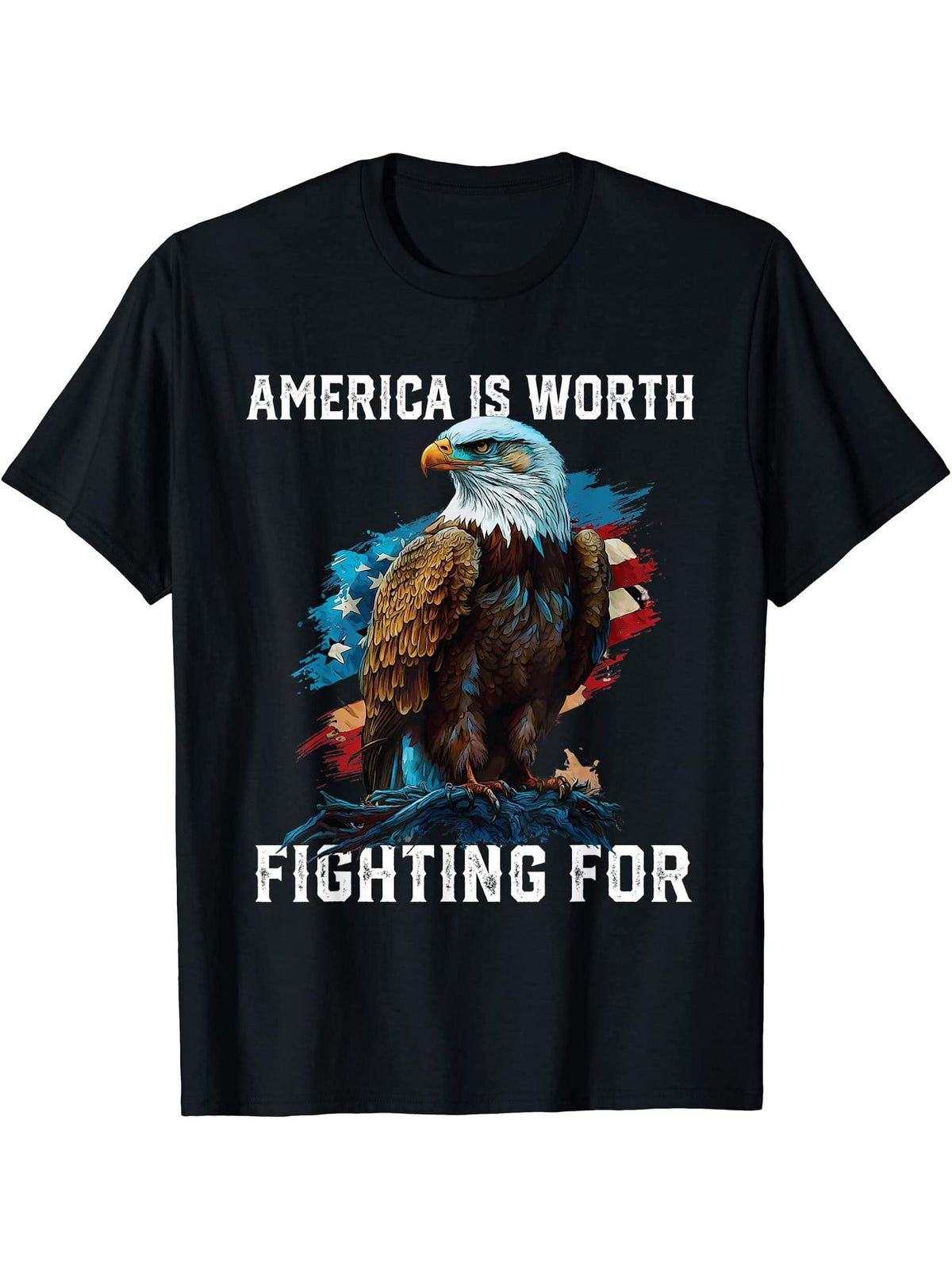 America is Worth Fighting For American Bald Eagle USA Flag T-Shirt 180G 100% Cotton Printed Round Neck Short-Sleeve T-Shirt, Gifts for Men Dad Husband Grandpa, S-XXXL, Black