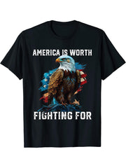 America is Worth Fighting For American Bald Eagle USA Flag T-Shirt 180G 100% Cotton Printed Round Neck Short-Sleeve T-Shirt, Gifts for Men Dad Husband Grandpa, S-XXXL, Black