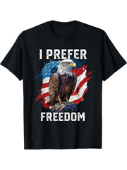 I Prefer Freedom American Bald Eagle America USA Flag T-Shirt 180G 100% Cotton Printed Round Neck Short-Sleeve T-Shirt, Gifts for Men Dad Husband Grandpa, S-XXXL, Black